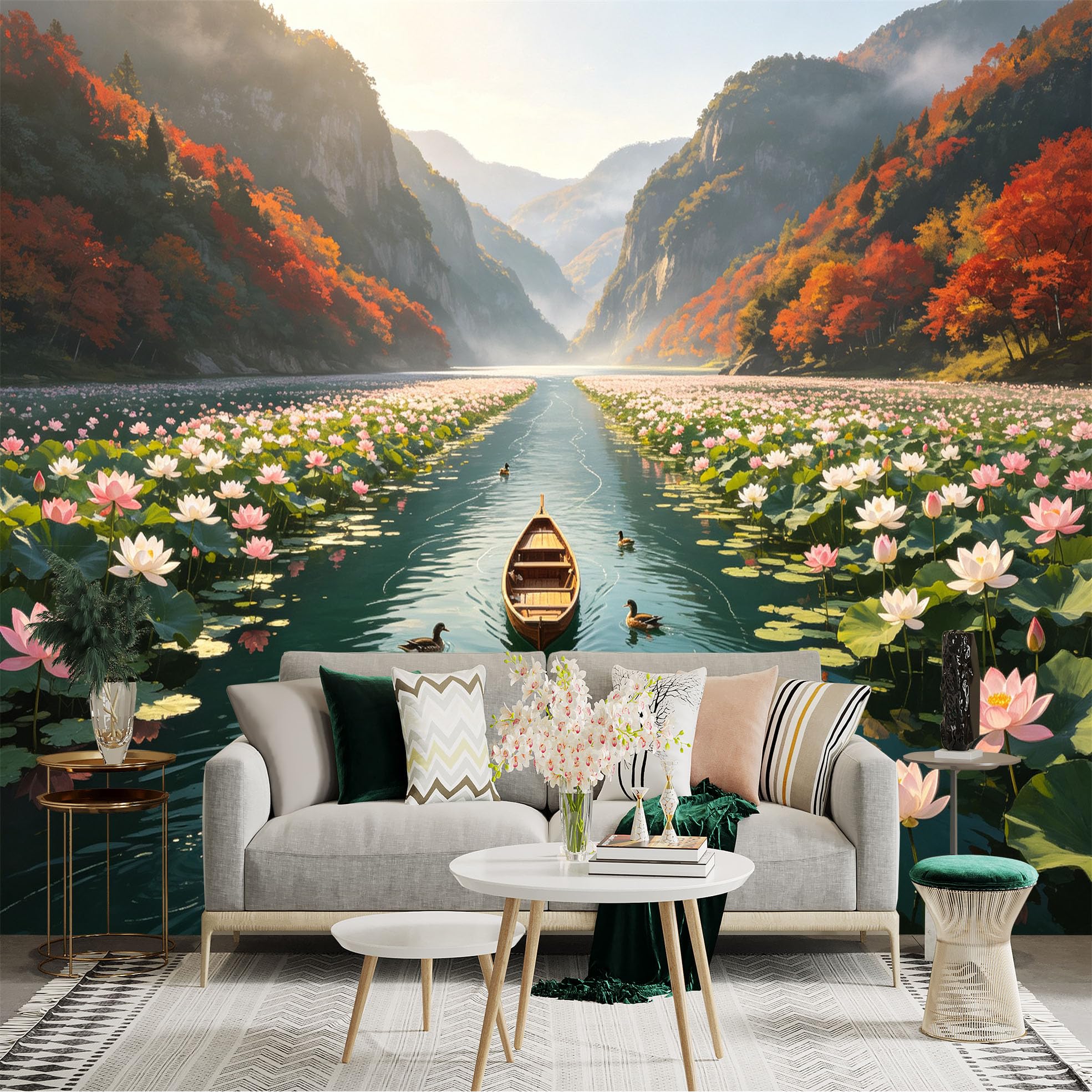 Custom Size Wall Sticker Mural， Wooden Boat on Lotus Pond， Autumn Mountains， Scenic Lake View with Ducks， for wall Decoration， peelandstick wall Decals.