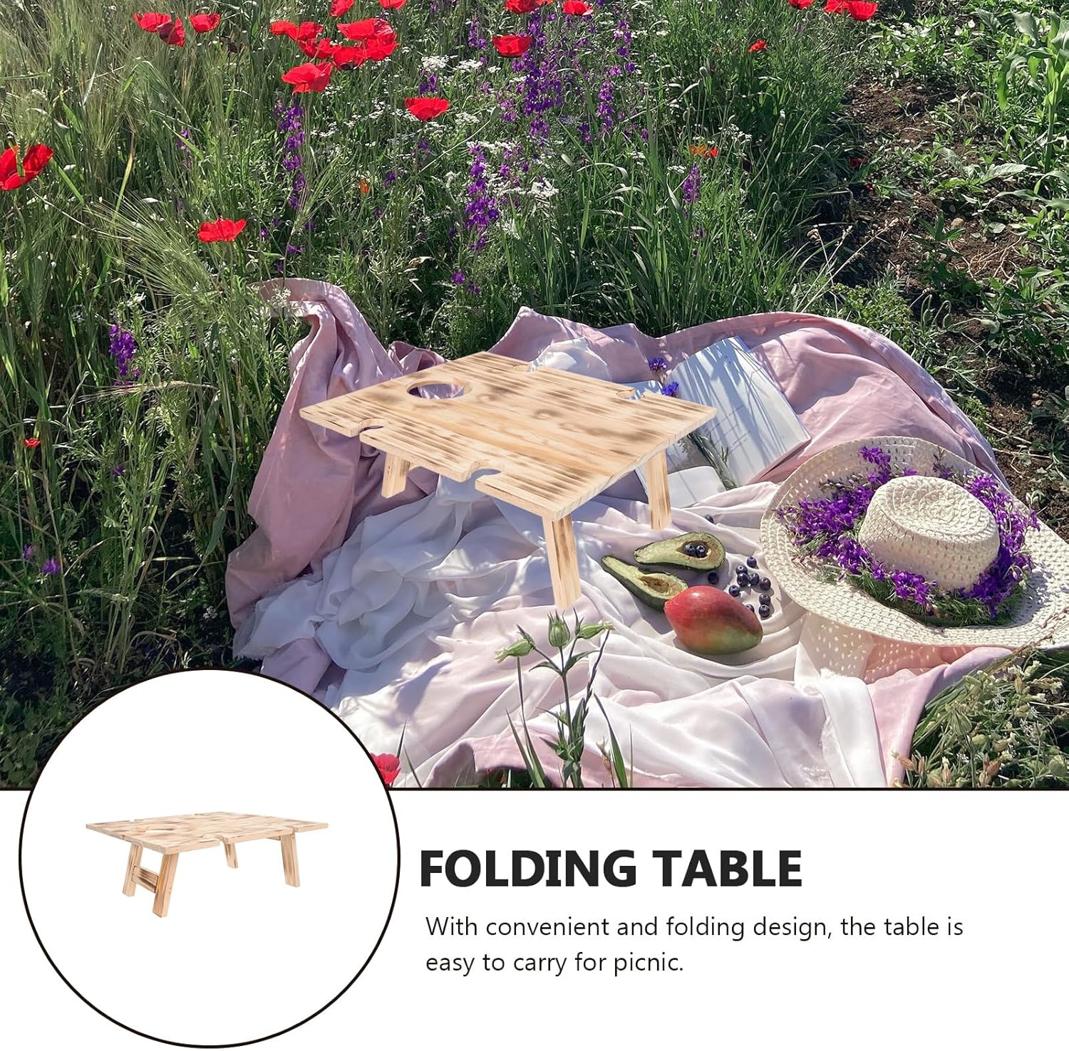 Homoyoyo Portable Folding Wooden Picnic Table Small 34x30 Inches Compact Travel Camping Table for Outdoor Hiking Beach and Patio Use