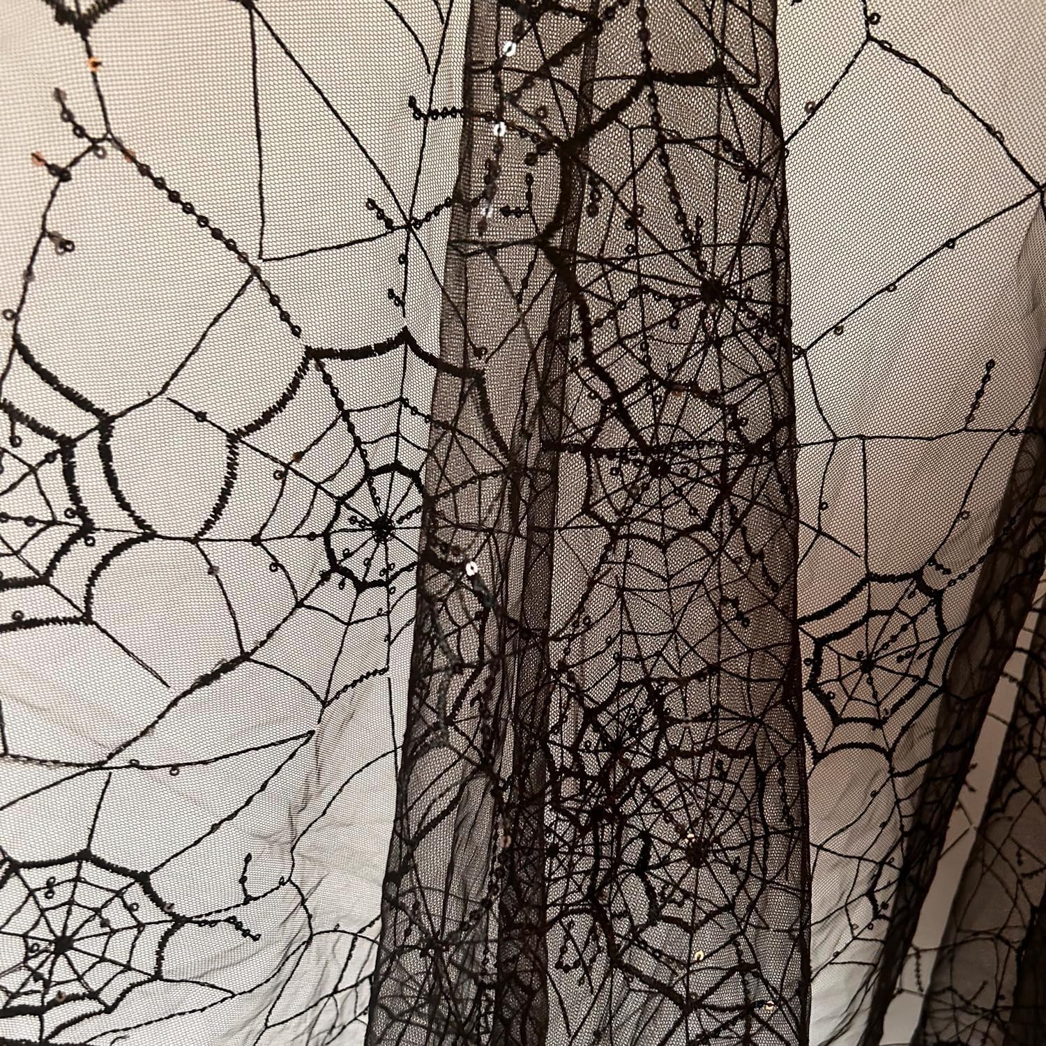 Spiderweb Lace Fabric by The Yard Halloween Cobweb Soft Black Tulle Fabric for DIY Dress Top Sew Party Decorative Overlays for Table,Halloween Decor (Black, 1 Yard (35x51 in))