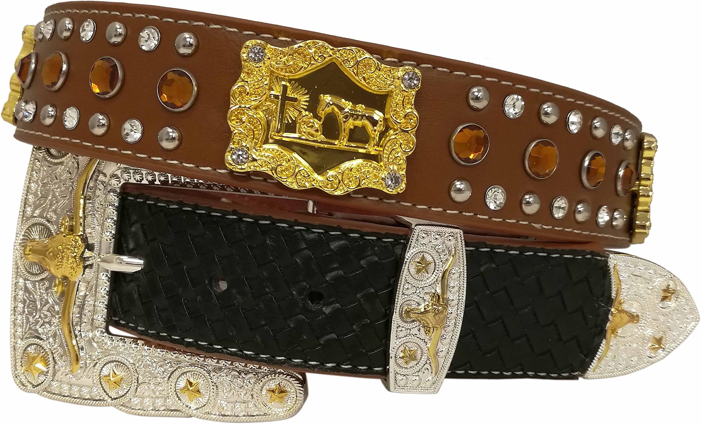 West Star Basket Weave Duo Color Leather Big Gold Silver Longhorn Buckle Shiny Concho Relfective Acrylics and Beads
