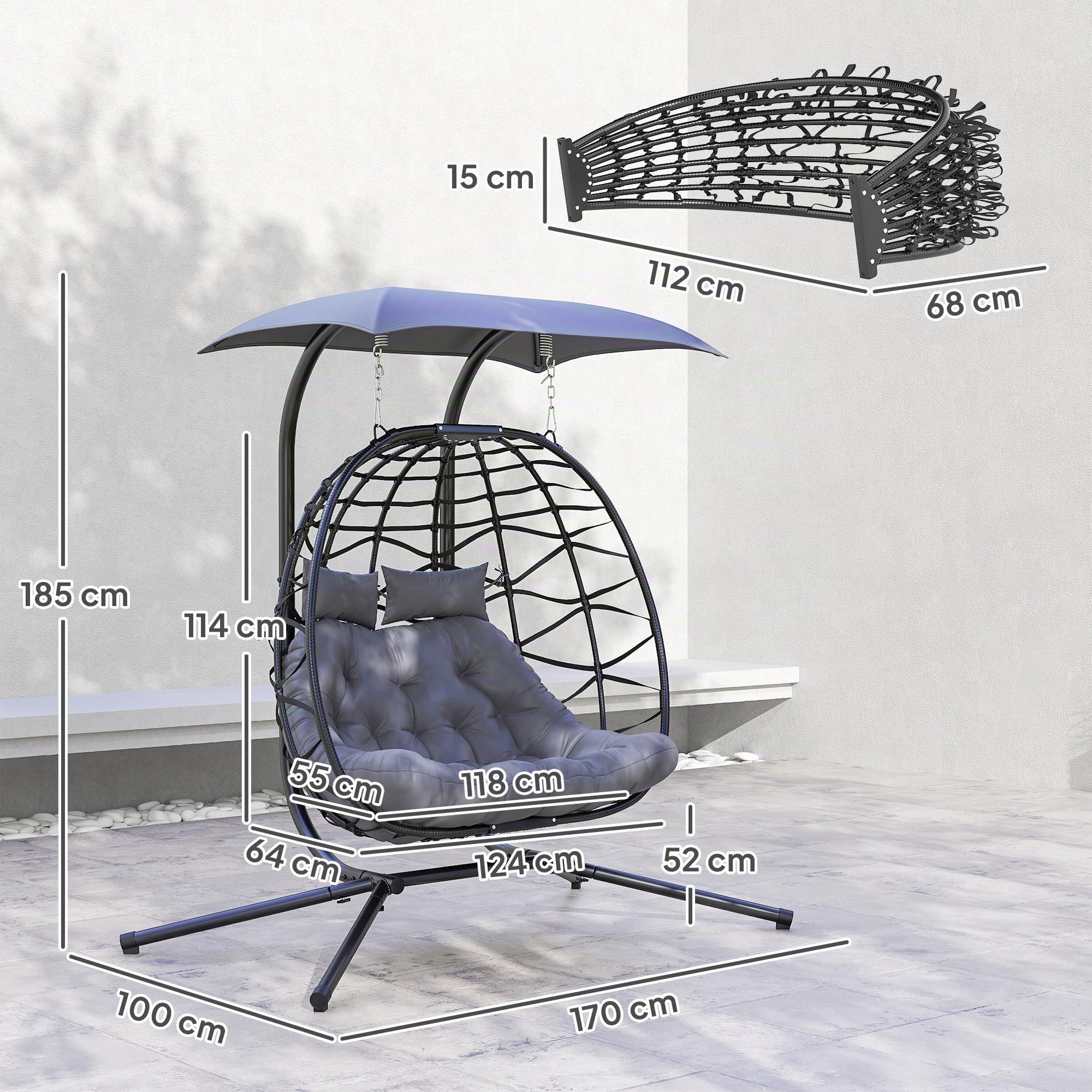 Outsunny Chaise Œuf Suspendue Double Baldaquin,Coussins,Appuie-tête,Noir