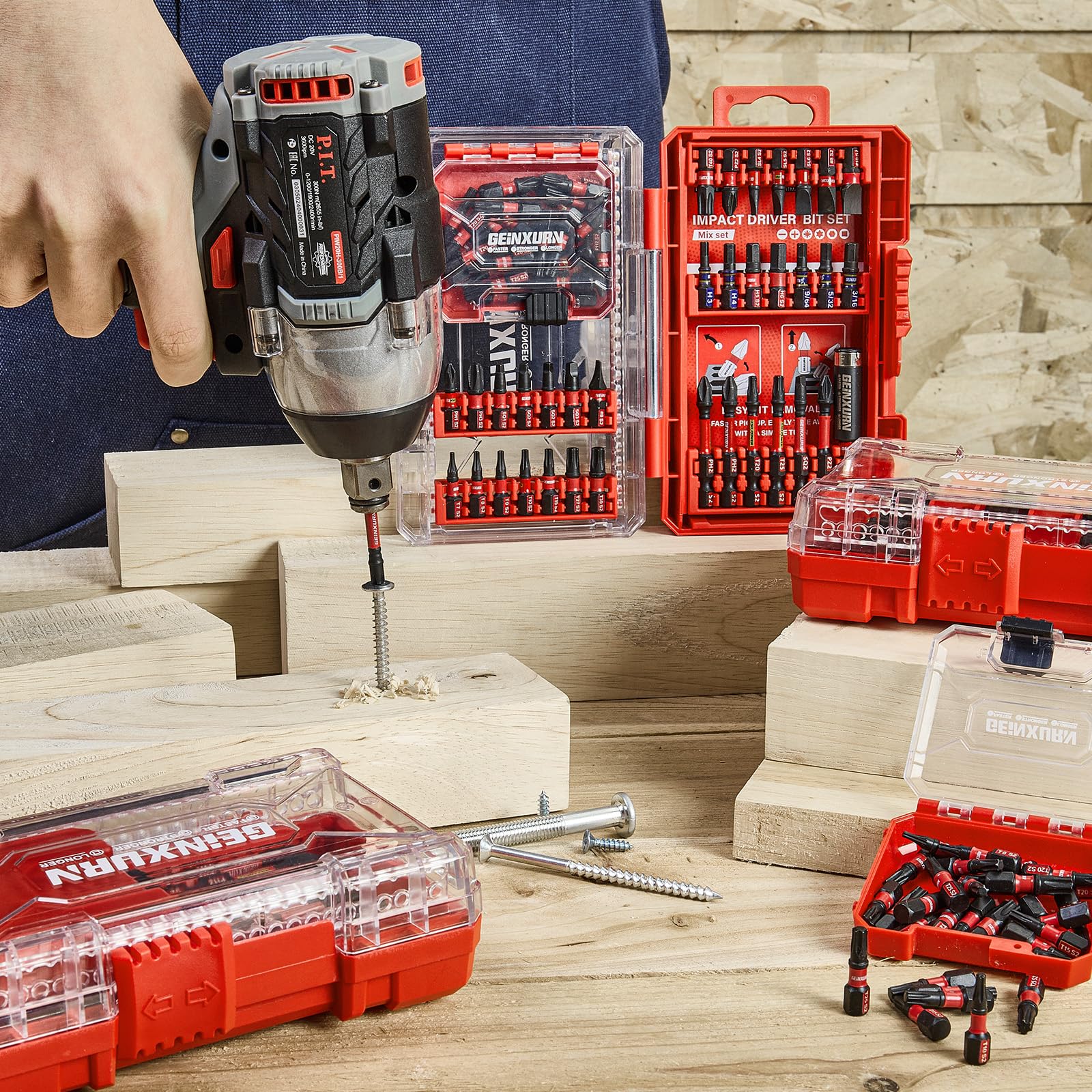 Geinxurn Coffret de 27 Embouts de Vissage en Acier S2 Magnétique, (TX-, TR-, PZ-, PH-, Hex-) Emoubut pour Tournevis Visseuse aux Chocs, et Porte-embouts Adaptateur de Douille avec Boîte de Rouge