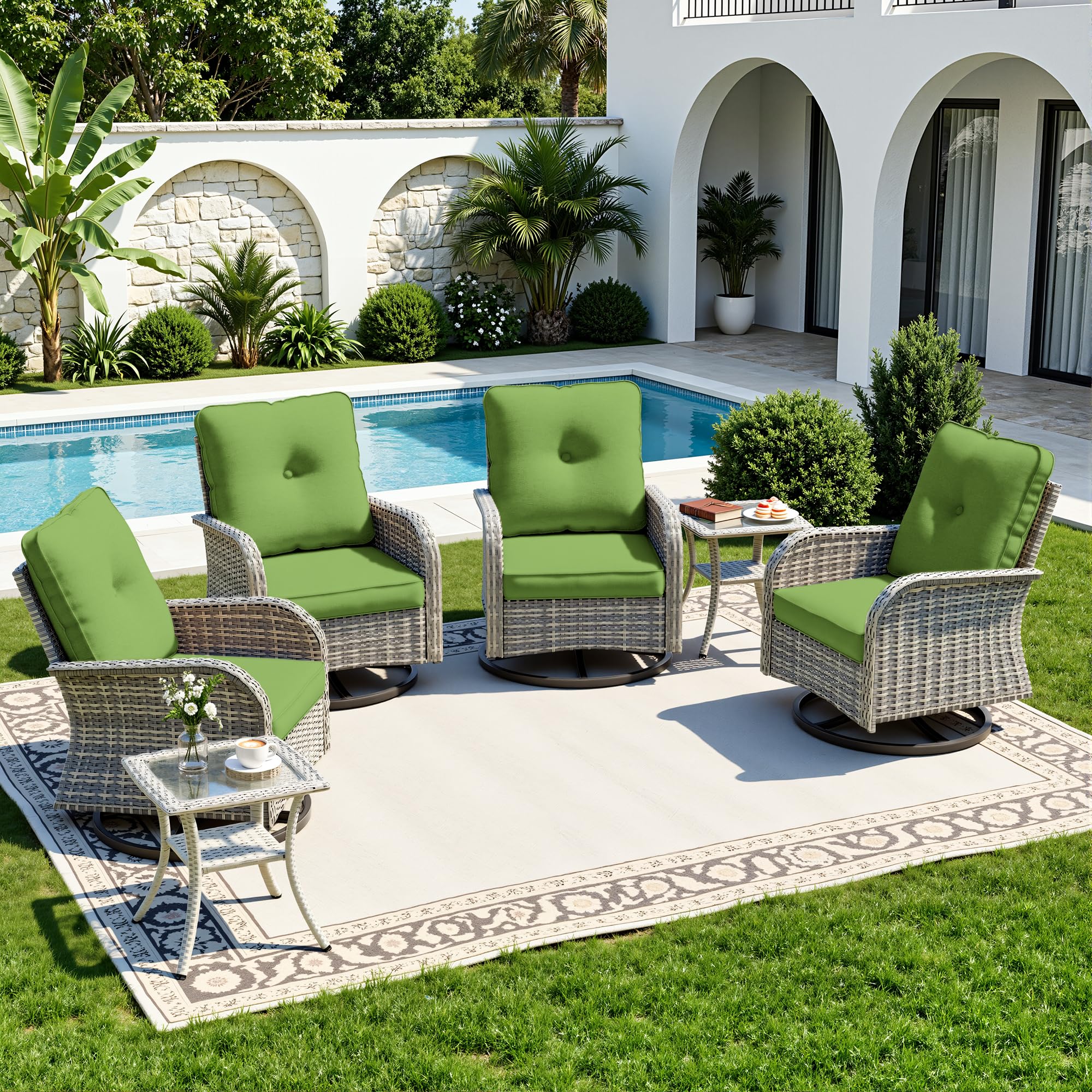 6-Piece Small Patio Furniture Set, Outdoor Swivel Rocking Chairs Set with Wicker Chairs and Tempered Glass Side Table, Outdoor Furniture Patio Bistro Set for Balcony, Deck, Porch