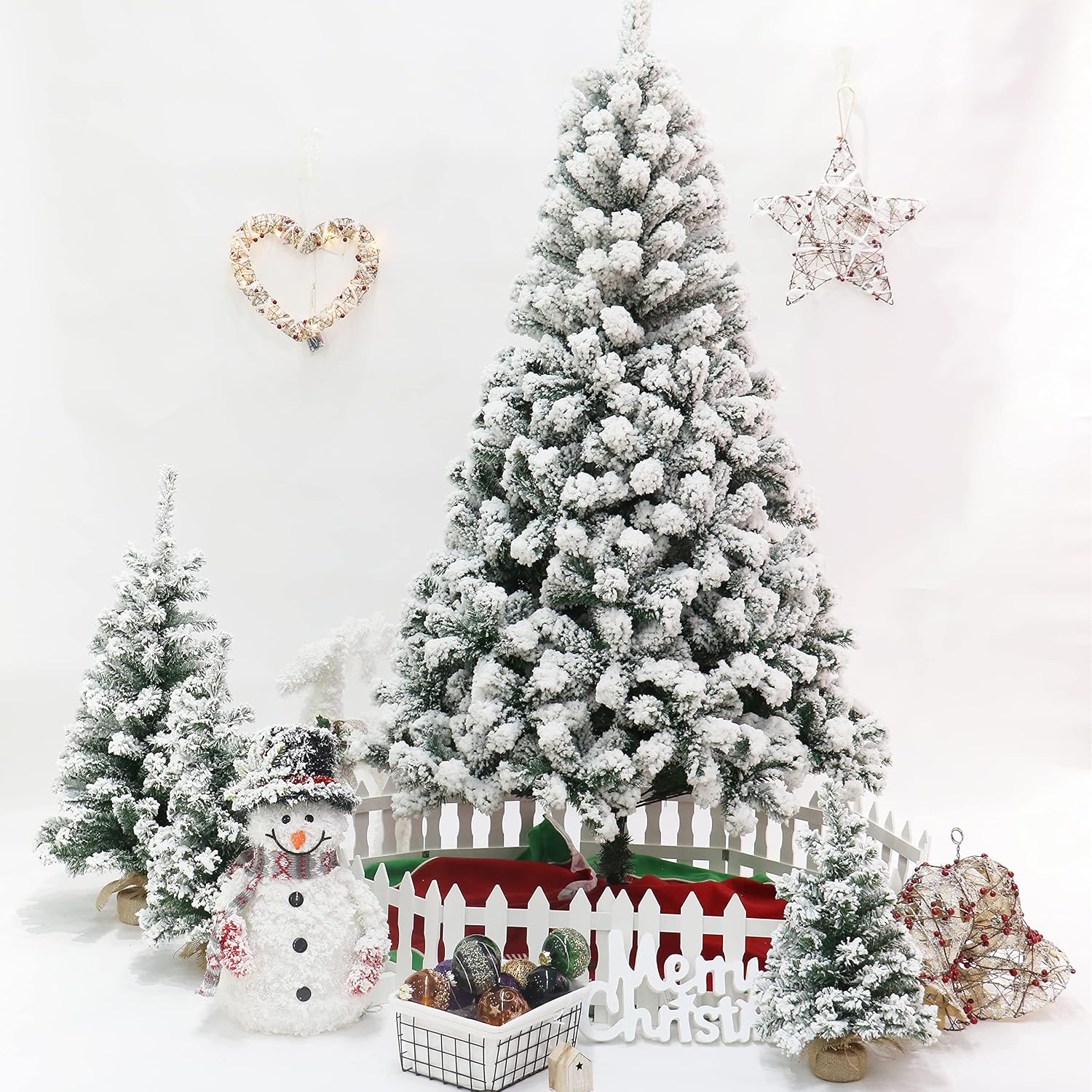 Flocked Christmas Tree 7.5ft, Snow Flocked Christmas Tree Artificial White Hinged Pine Xmas Tree Unlit for Holiday Decorations Party with Metal Stand