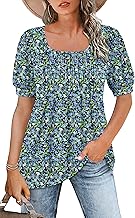 WNEEDU Tee Shirt Femme col Carré Tunique Femme Été T-Shirt Manches Courtes Chemise Fluide Plissée Hauts Chic Élegant Ample Top