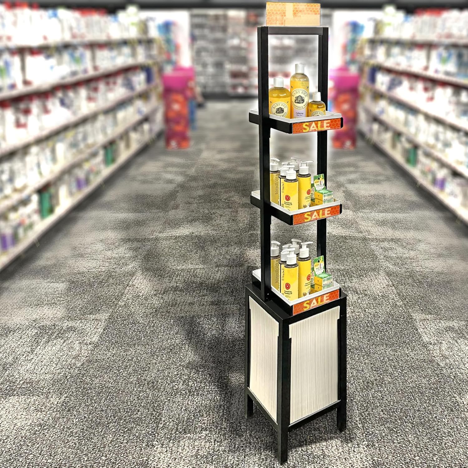Azar Displays, 655000, Retail Display Tower with 3 Tiers, Tall Cosmetic Shelves, Beauty Display Stand for Salon Retail Products with Signage, No Tools Required, 5 Ft Height, Black Steel