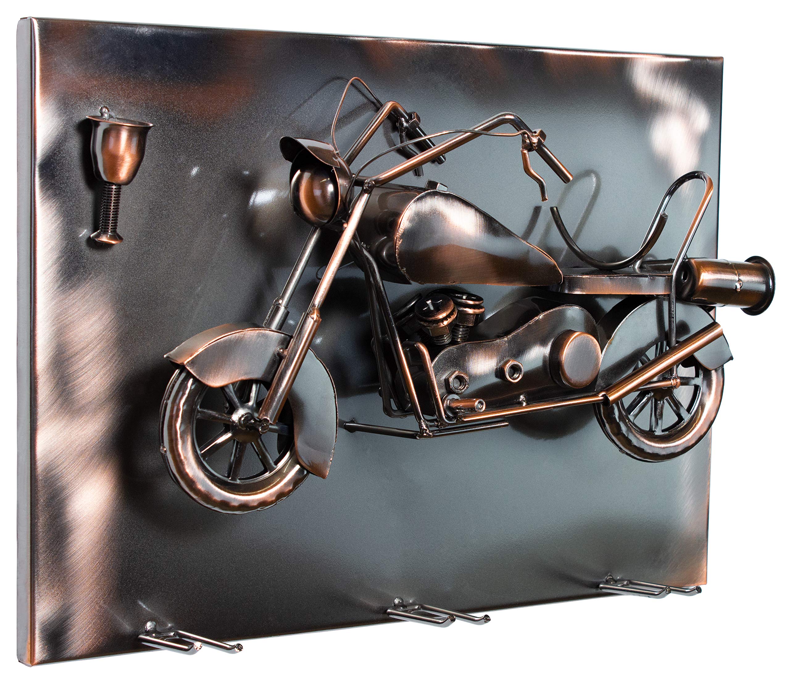 BRUBAKER Weinflaschenhalter Motorrad - Wall Art Bild Metall - mit 3 Glashaltern - inklusive Grußkarte für Weingeschenk