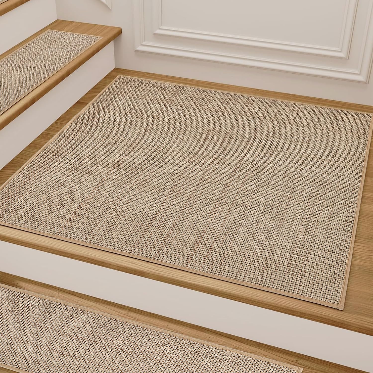 Comfortable Stair Landing Carpet Non Slip Breathable Chenille Rug for Wooden Steps Rubber Backing Landing Mat Covers Indoor Absorbent with Rubber Backing 30"X30" Beige