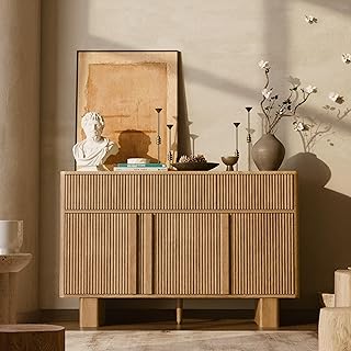 ALLHOMWIE 47" Wide Sideboard Buffet Cabinet with Storage, Modern Buffet with 3 Drawers and 3 Doors, Storage Cabinet with 2 Reinforced Legs for Kitchen, Living Room, Natural Oak