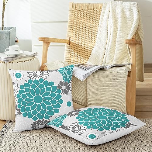 Miniatura 5 de CaliTime Juego de 2 fundas de almohada decorativas de forro polar con flores florecientes de dalia floral para sofá, cama, sofá, decoración de casa