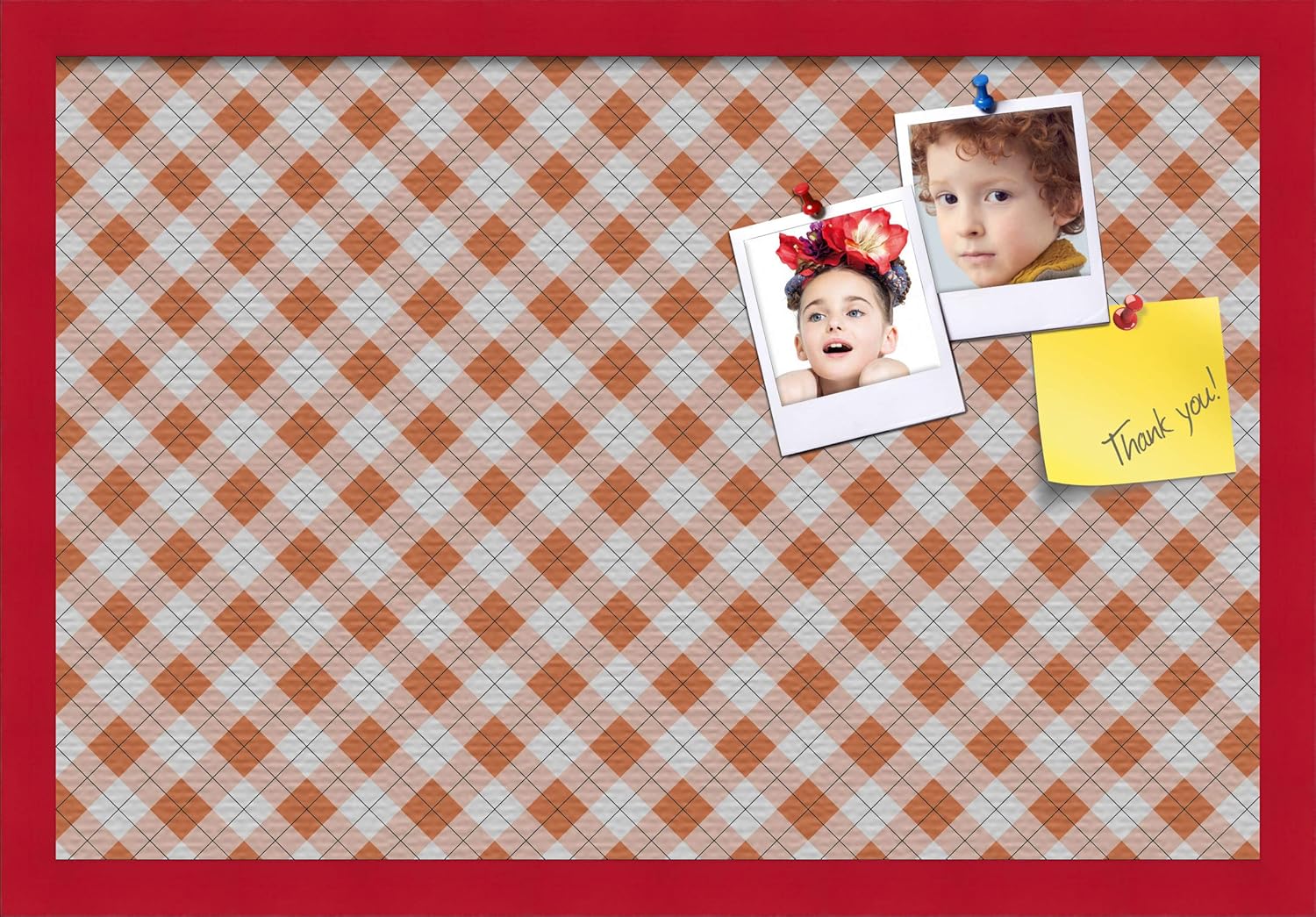 ArtToFrames 24x16 Inch Custom Cork Bulletin Board. This Argyle Burnt Orange Pin Board Comes with a Fabric Style Canvas Finish, in a Red Stain on Beech Frame (PinPix-634-24x16_0066-81792-YRED)