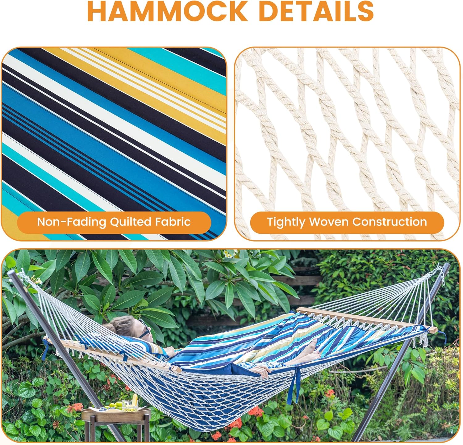 Lazy Daze Hammocks Rope Hammock with Pad, Spreader Bar, Carabiners, Tree Straps, Chains for Outside Patio- Max 450 Lbs, Beach Stripes
