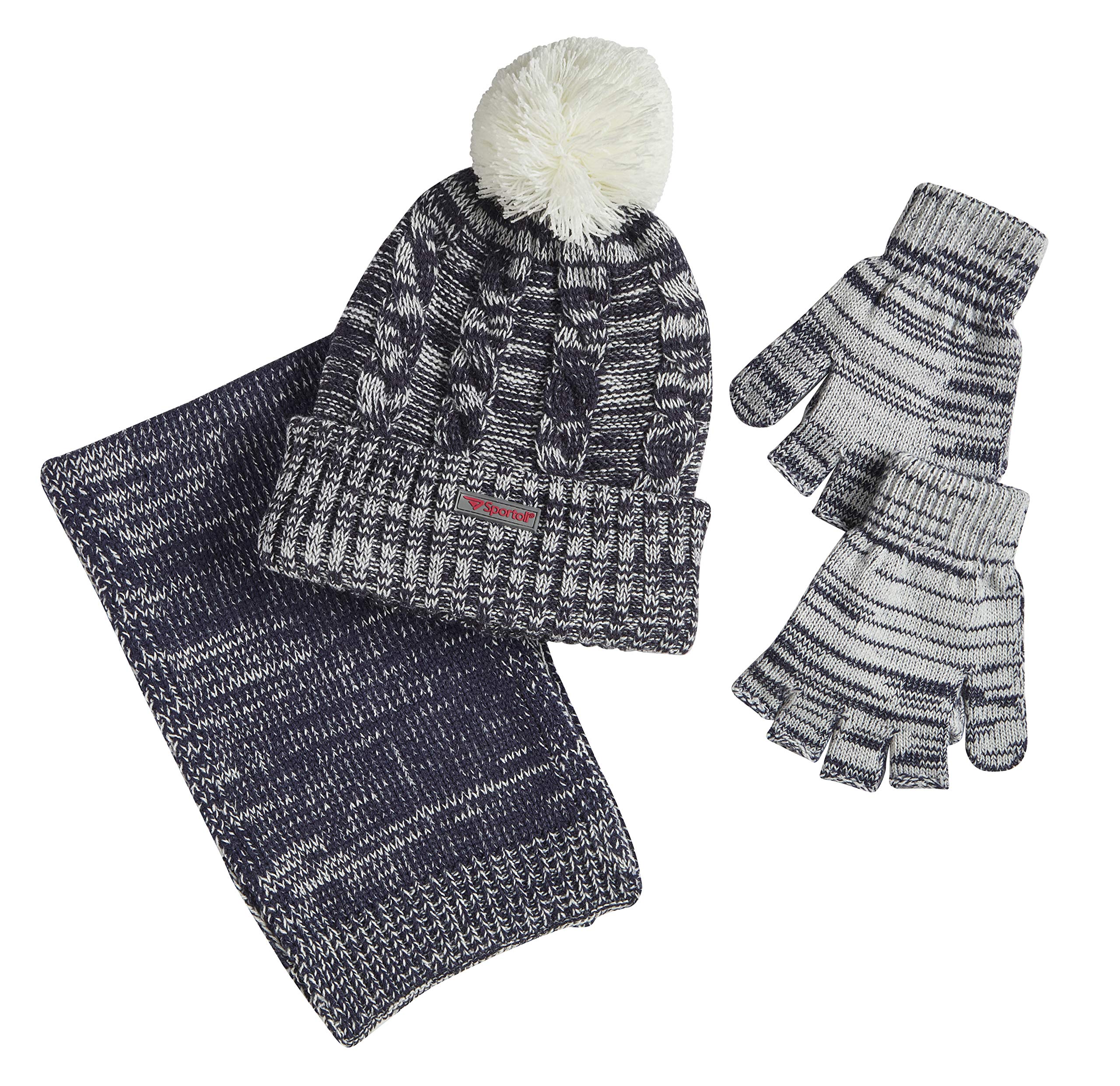Sportoli Women’s Girls’ kids 3-Piece Cable Knit Cold Weather Set Hat Scarf Glove - Navy Blue (Size Teens / 8-16 Yrs)
