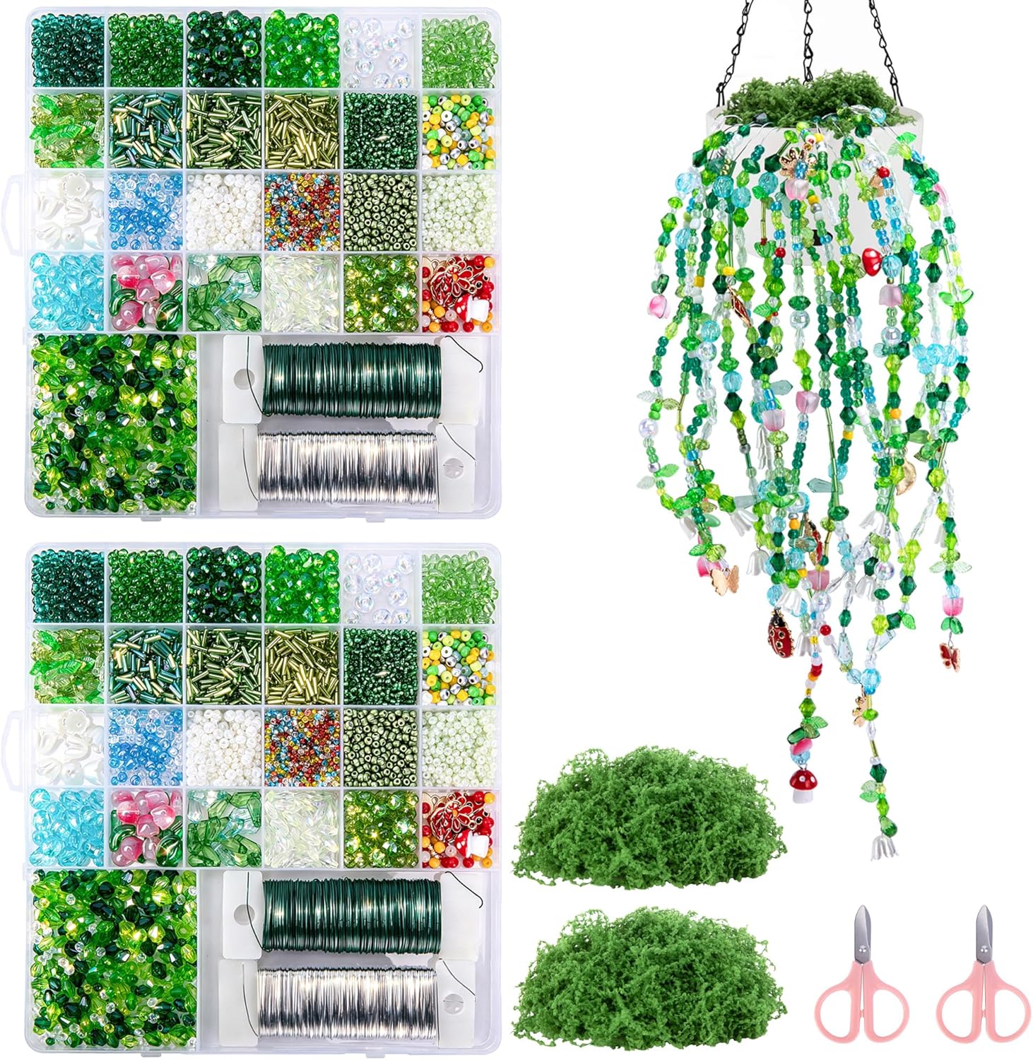 codree 2 Set/10840 Beaded Plant Kit with Artificial Moss, Green Beads for Beaded Plants Making, Forever Plant Leaf Flower Green Glass Beads for Jewelry Making DIY Crafts Succulent Plants Lover