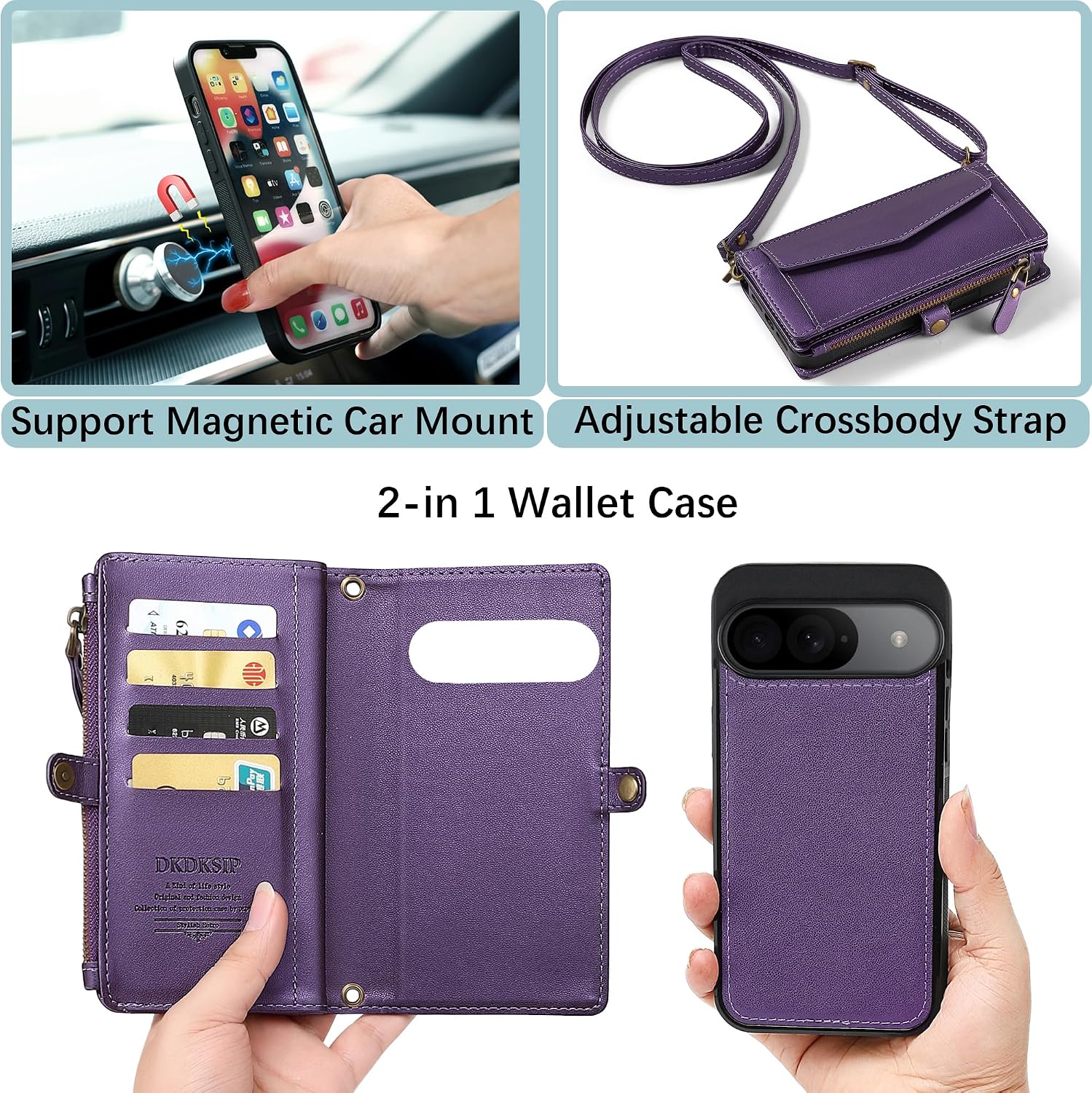 for Google Pixel 9 5G Wallet Case for Women, Pixel 9 Pro 6.3" Case with RFID Blocking Card Holder, Leather Zipper Wallet Detachable Magnetic Phone Case with Crossbody Strap, Purple