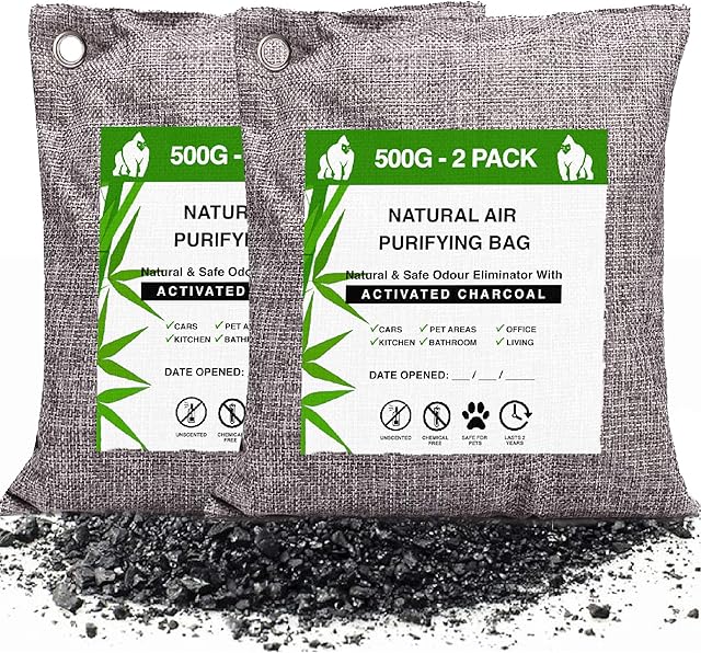Odour Eliminator Absorber Air Purifier Bags (2 pack, 500g Each) Air Purifying Bag & Activated Charcoal Bamboo Air Freshner, Pet Odour Eliminator, for Dog Cat Urine Bath Car Office Living Kitchen