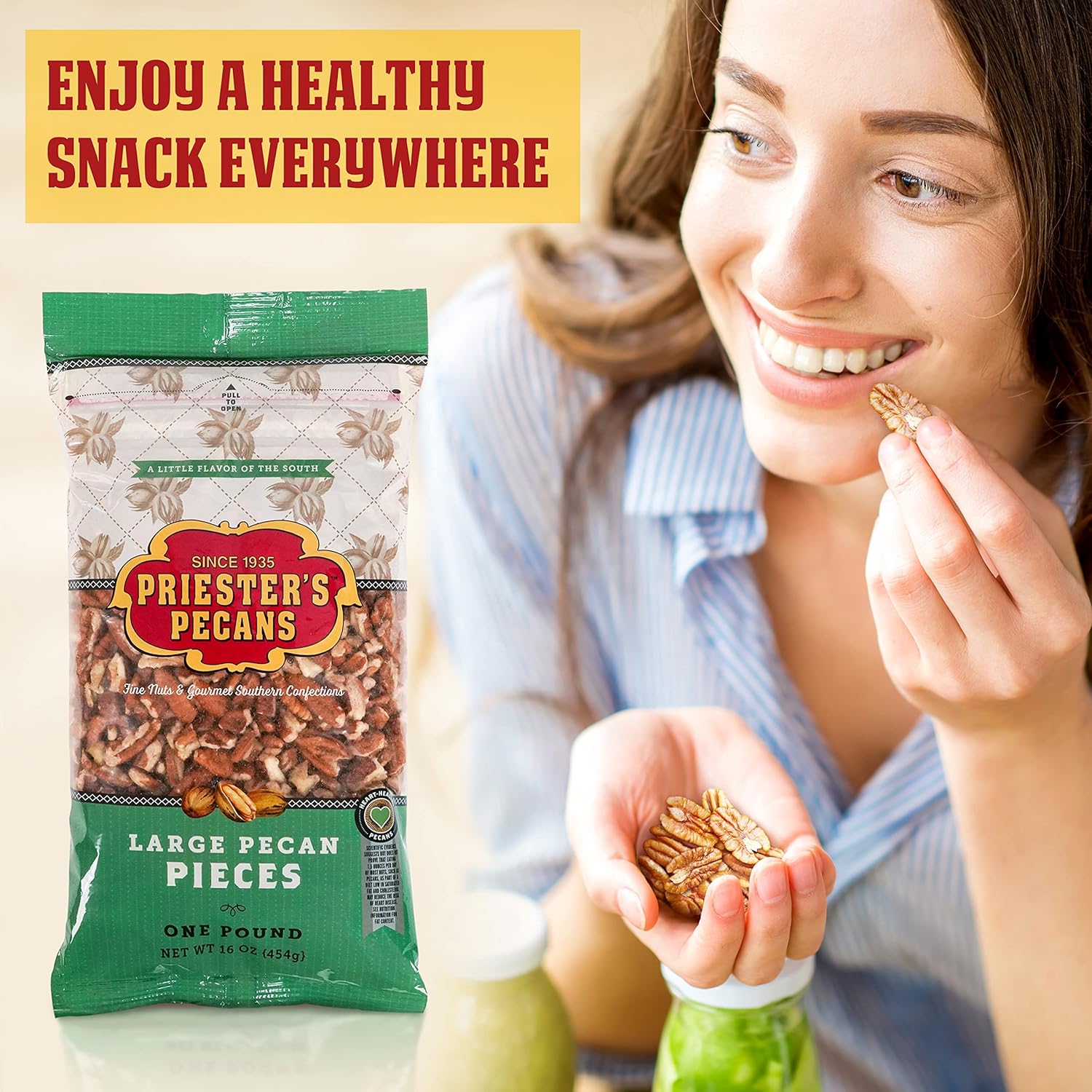 PRIESTER'S Large Raw Pecan Pieces - Natural Shelled Pecans Grown in the USA - Unsalted Pecans for Snacking and Baking - Tight Resealable Bag for Pecans 1lb