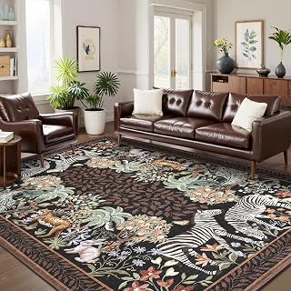 GarveeHome Zebra Brown Washable Rugs 5x7 for Playroom Vintage Jungle Forest Safari Animal Print Rug Low Pile Botanical Kids Rugs for Living Room Bedroom Kitchen Nursery Room