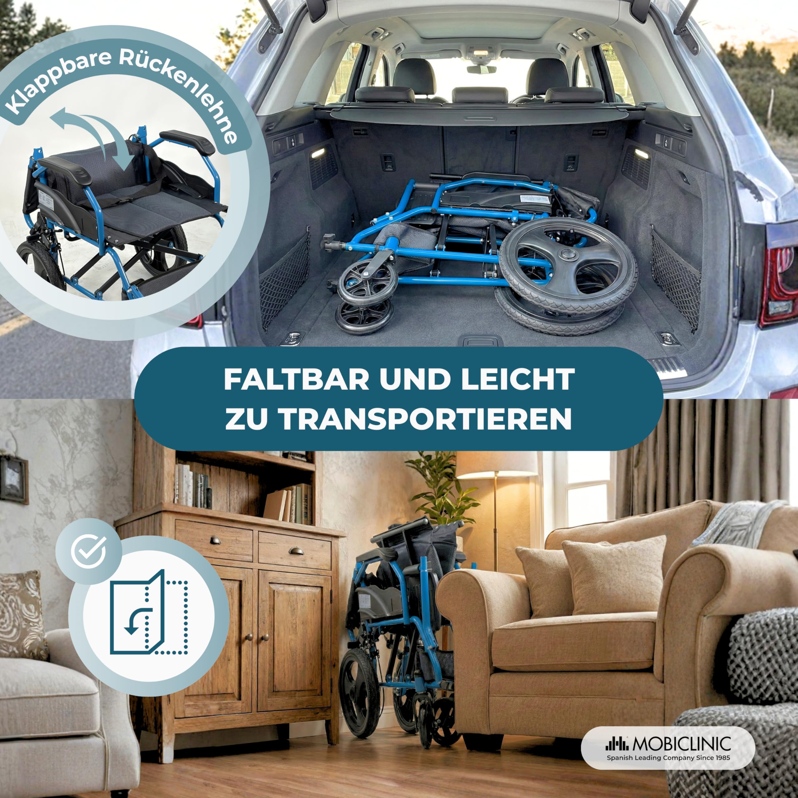 Mobiclinic®, Faltbarer Rollstuhl, Transportrollstuhl, Klappbare Rückenlehne, Klappbare Fußstützen, Doppel Bremssystem, Verstärkter Stahl, Bis 100 kg, Leicht und kompakt, Faraón