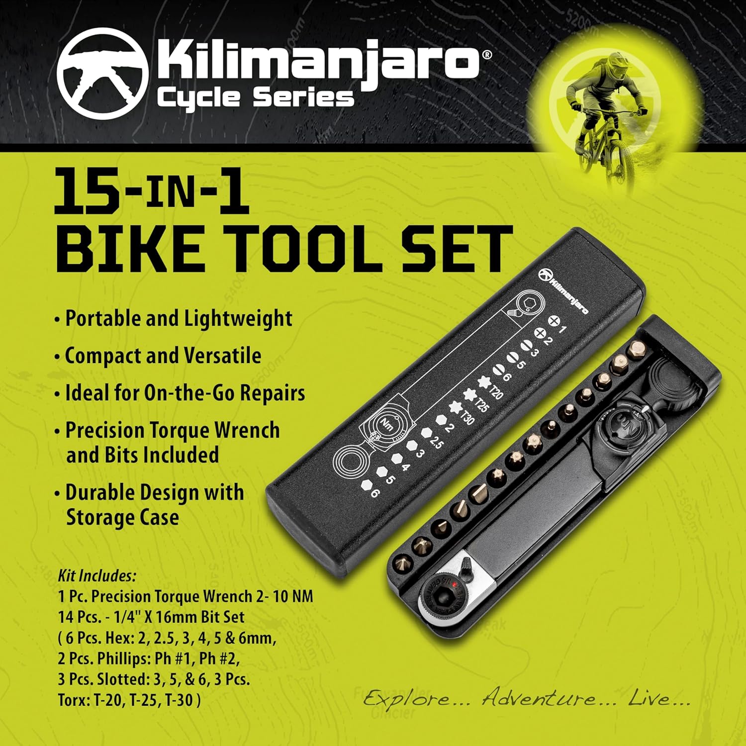 Kilimanjaro 15-in-1 Mini Bike Torque Wrench Tool Kit – Compact Bicycle Repair Set with Precision Torque Wrench, Hex, Torx & Screwdriver Bits, and Storage Case – Cycle Series – 910546ECE