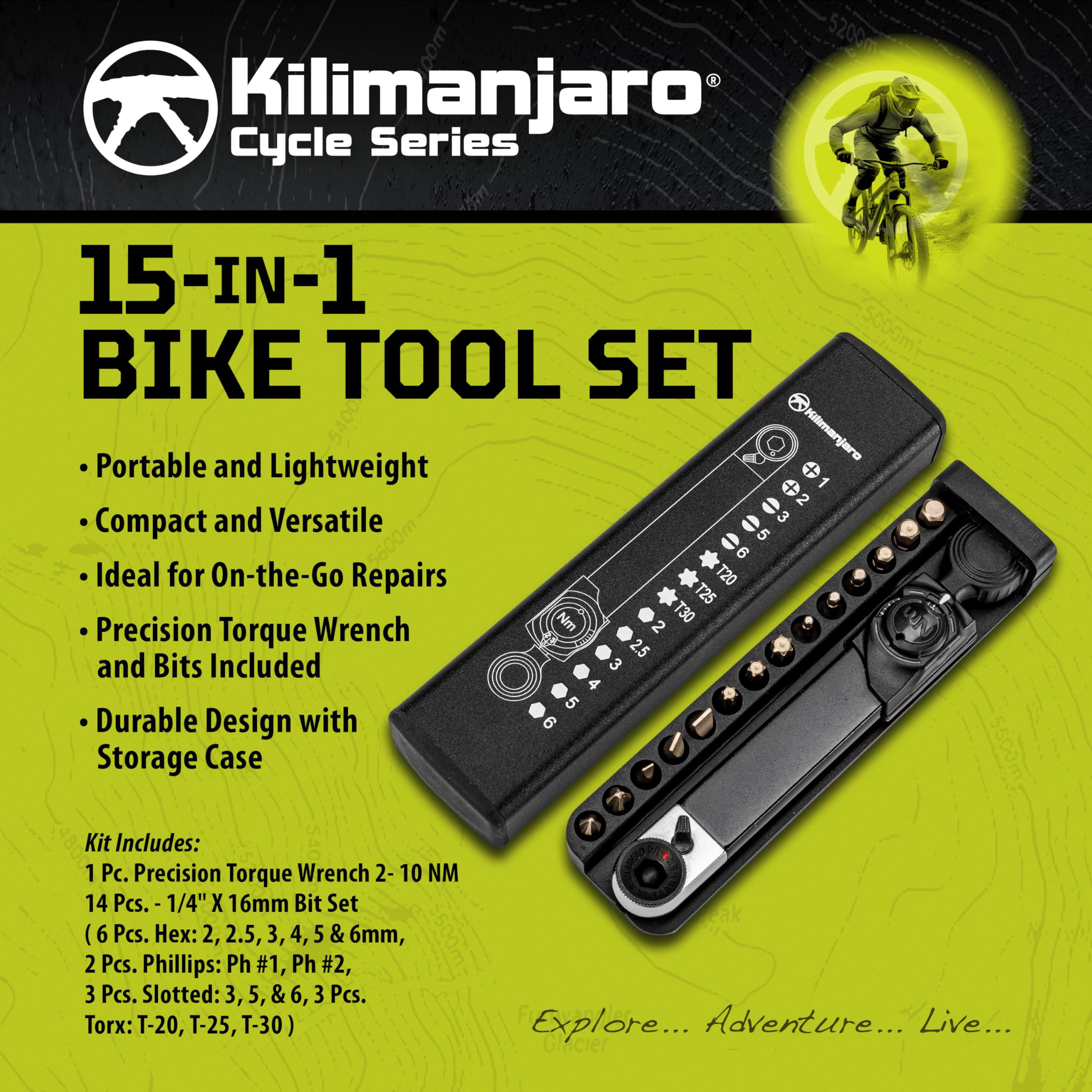 Kilimanjaro Cycle Series 910546ECE - Herramienta para bicicleta 15 en 1, llave dinamométrica de precisión y brocas, estuche de almacenamiento