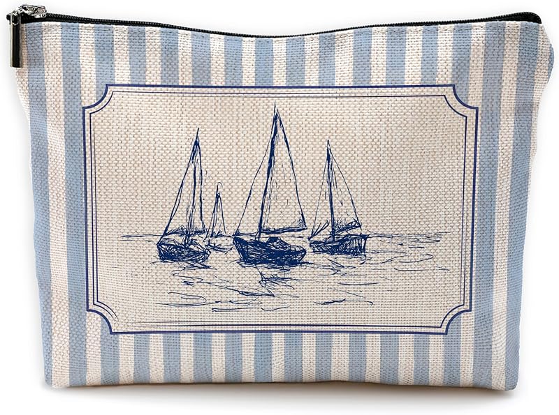 Necessaire de maquiagem Yomisex com estampa náutica de veleiro, listrada, modelo 710