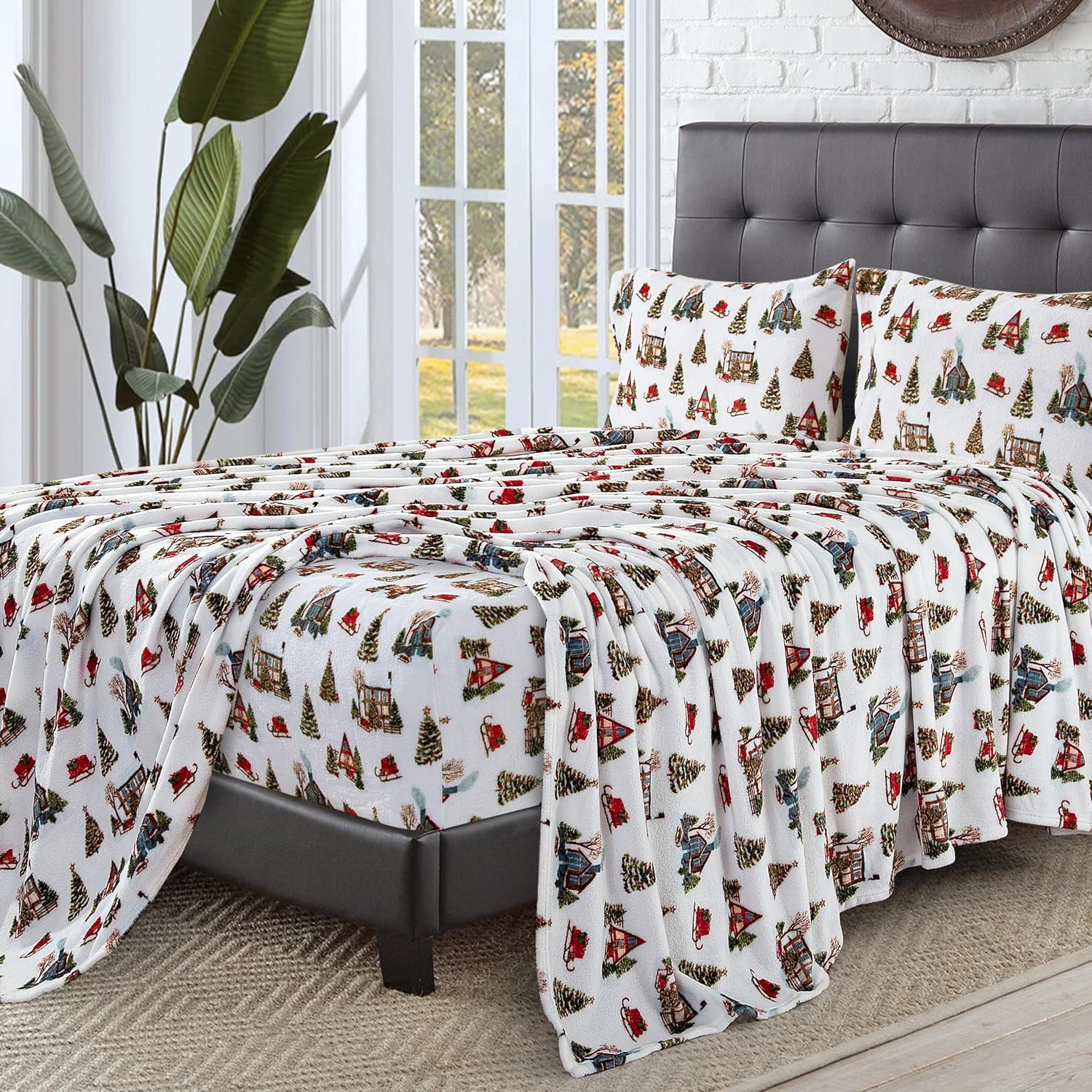 Elegant Comfort Luxuriously Soft 4-Piece Holiday Velvet Plush Flannel Sheet Set - Premium Quality - Cozy Warm, Christmas Fuzzy Velvet Flannel Fleece Deep Pocket Sheet Set - Twin XL, Bungalow image 5