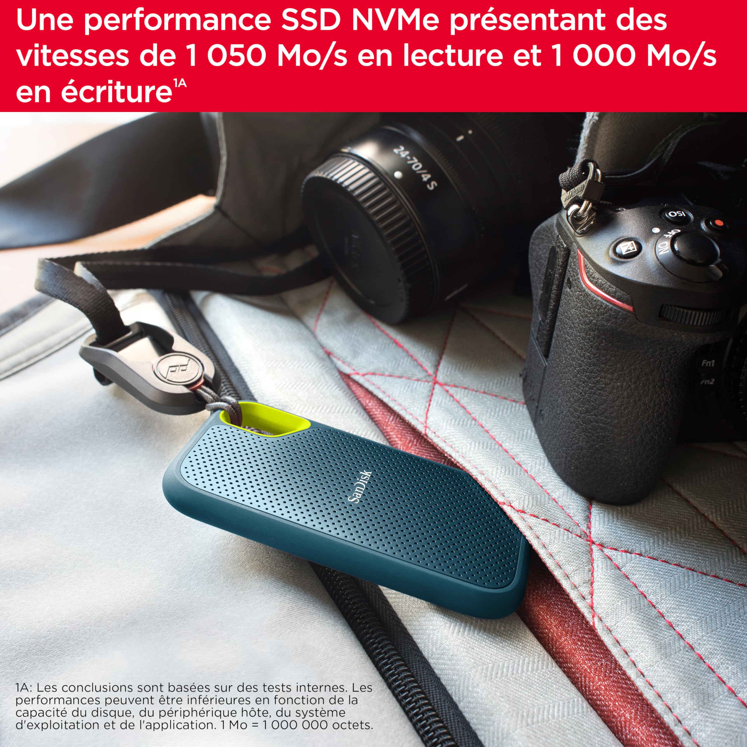 SANDISK Extreme Disque SSD Externe 1 To (jusqu'à 1050 Mo/s en lecture, 1000 Mo/s en écriture, USB-C, Portable NVMe, Résistance à la poussière et à l'eau classée IP65, Mousqueton pratique)Monterey | SSD externe, compatible PC et Mac, résistance à l'eau et