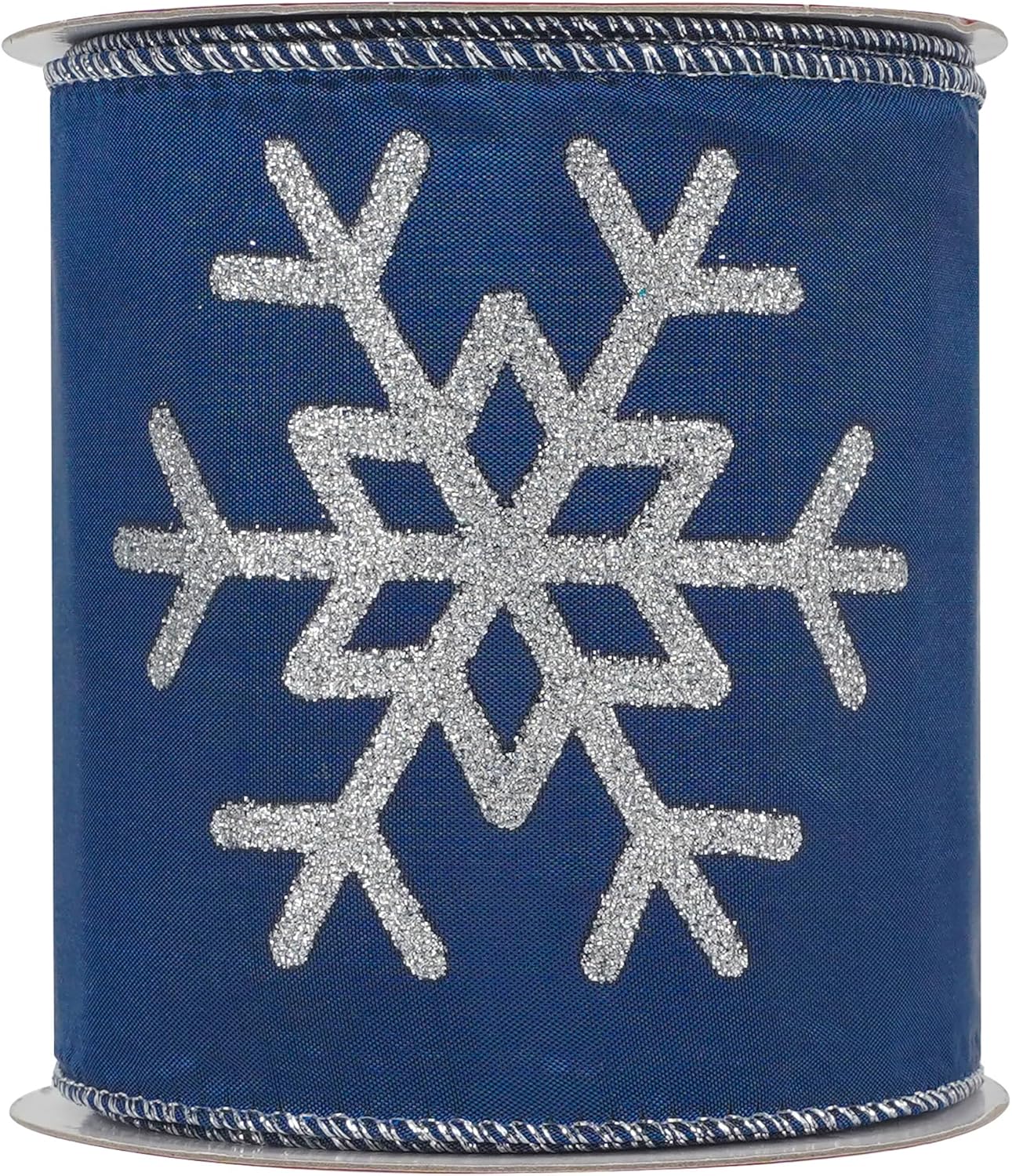 MEEDEE 4 Inch Navy Blue Snowflake Ribbon Navy Satin Wired Christmas Tree Ribbons with Silver Glitter Snowflake 10 Yards Blue and Silver Ribbon for Holiday Crafts, Garlands, Large Tree Topper Bow