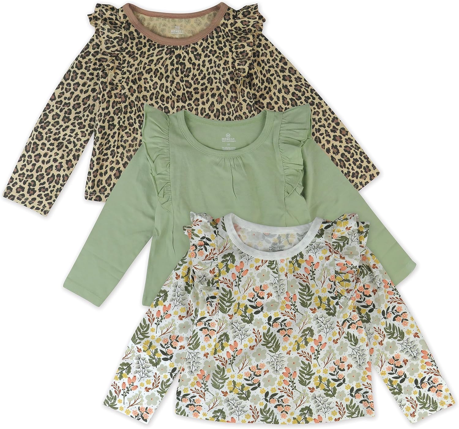 HonestBaby Baby-Girls 3 Pack Long Sleeve Ruffle T-Shirts 100% Organic Cotton for Toddler, Baby Girls