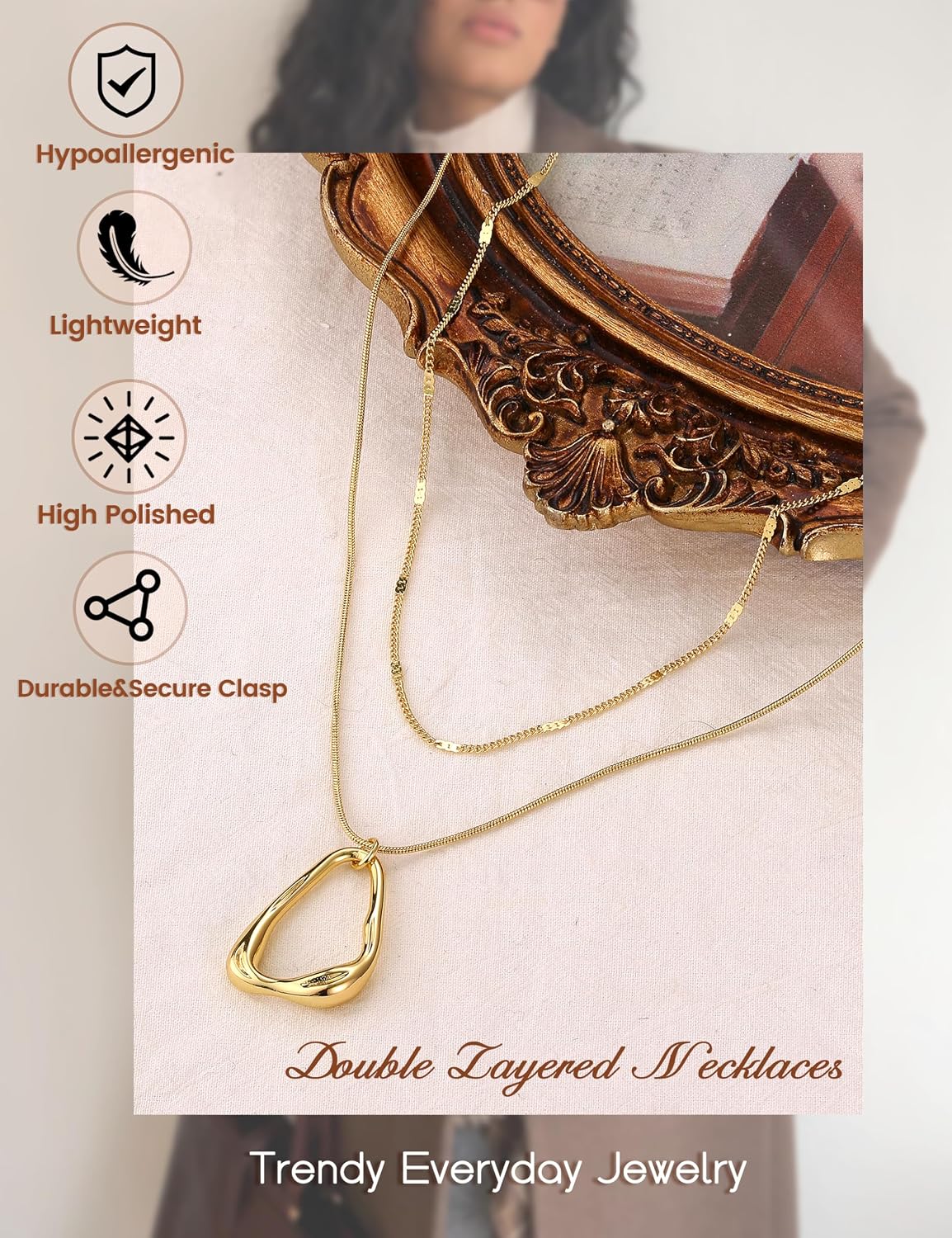 UBGICIG 16K Gold Plated Layered Gold Necklaces for Women, Dainty Double Layer Circle Oval Stackable Pendant Necklace, Minimalist Trendy Boho Statement Chain Necklaces Everyday Jewelry Gift for Her