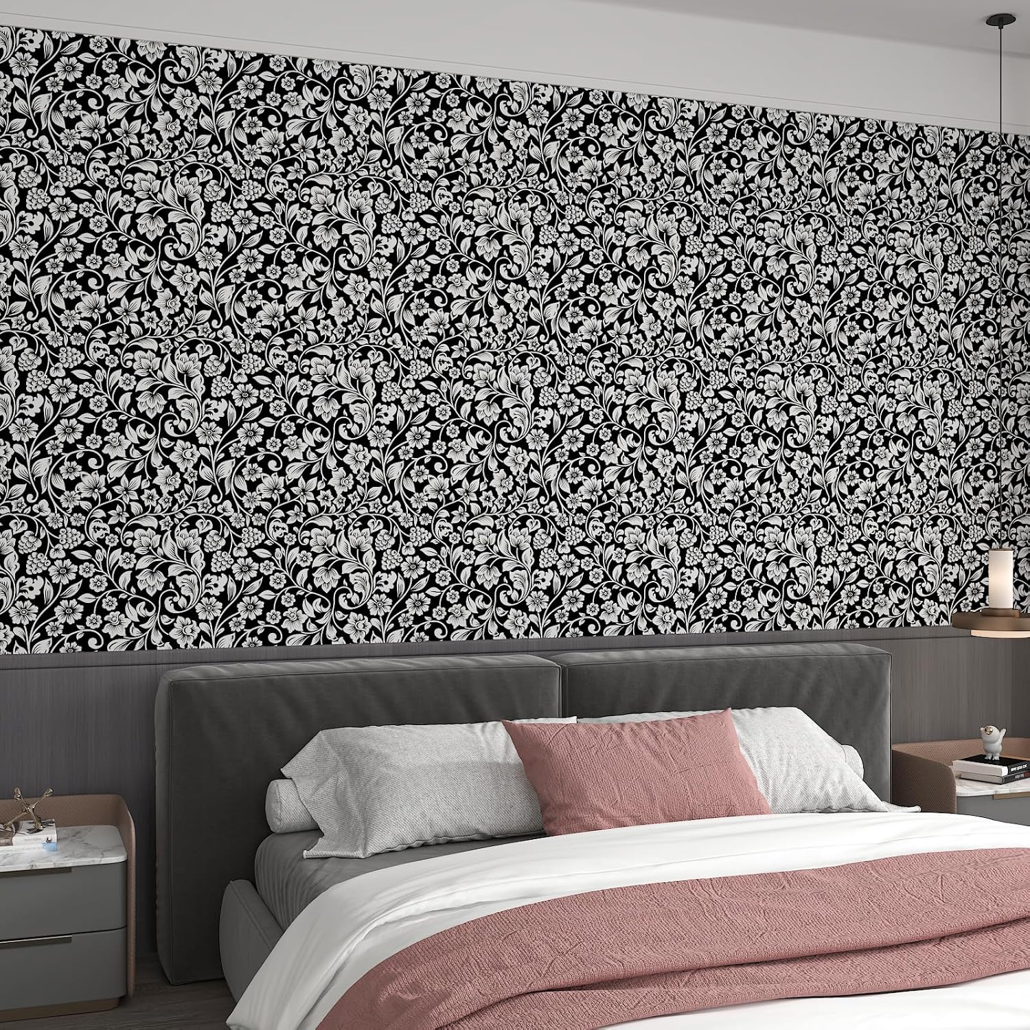 Vintage Black and White Floral Peel and Stick Wallpaper 12"x100" White Flower Botanical Contact Paper for Cabinets Countertops Walls Dark Black Wallpaper Removable Decorative Vinyl Wrap