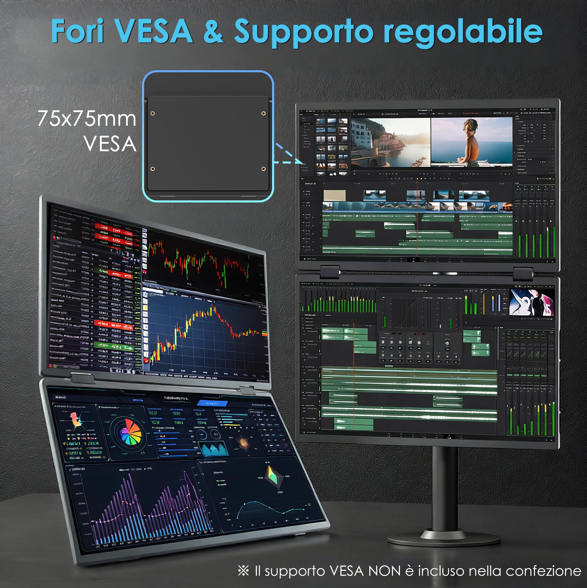 15,6 Pollici Monitor Triplo Portatile 1080P FHD Max 1920x2160 IPS USB-C HDMI Plug & Play Secondo Estensore Laptop Schermo Esterno per Multitasking Ufficio Casa Viaggi -Nero