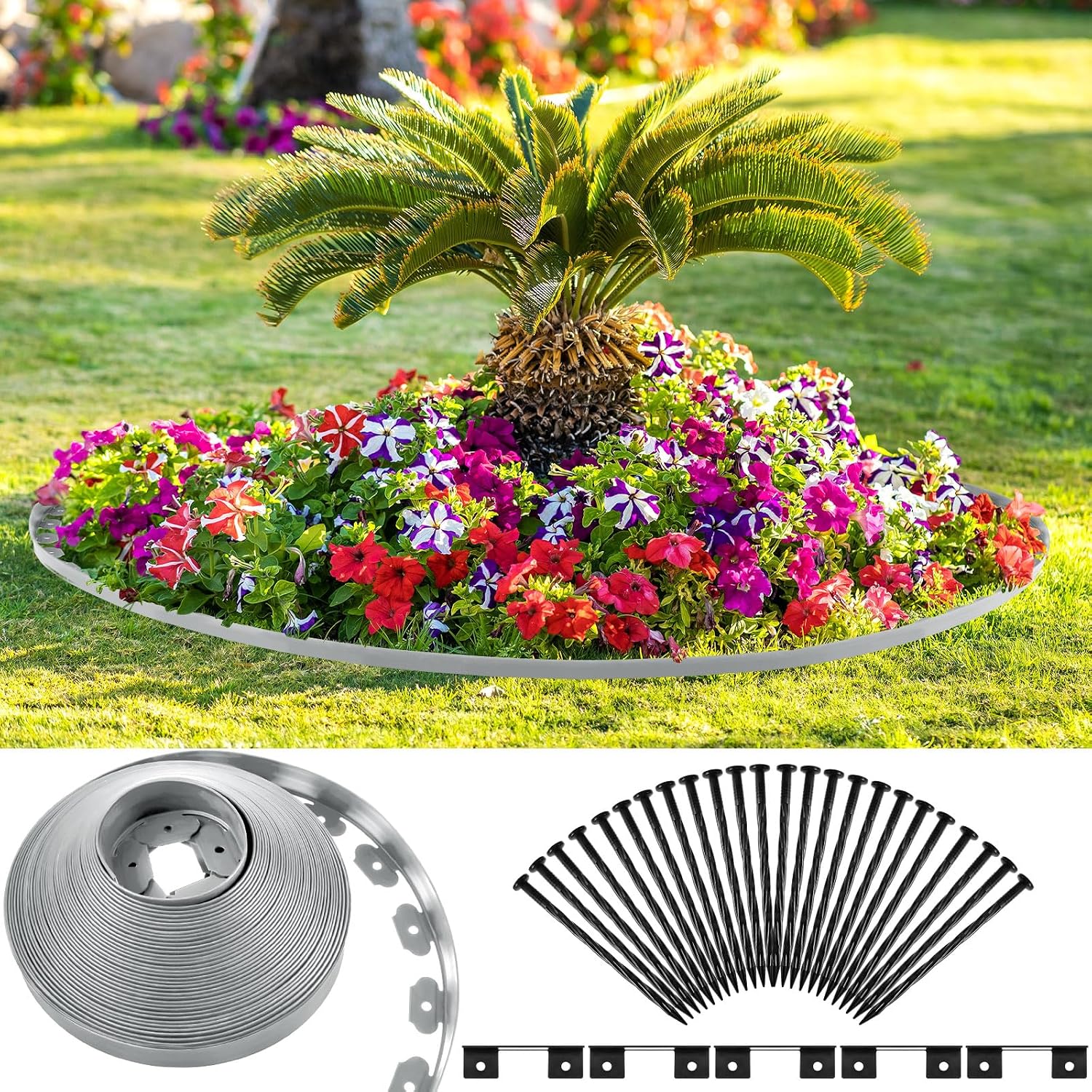 Sasylvia 2'' x 200' Landscape Edging Kit Edging Border Coil Include 120 Anchoring Spikes 10 Connectors Plastic Garden Border for Lawn Garden Grass Yard Home(Gray)