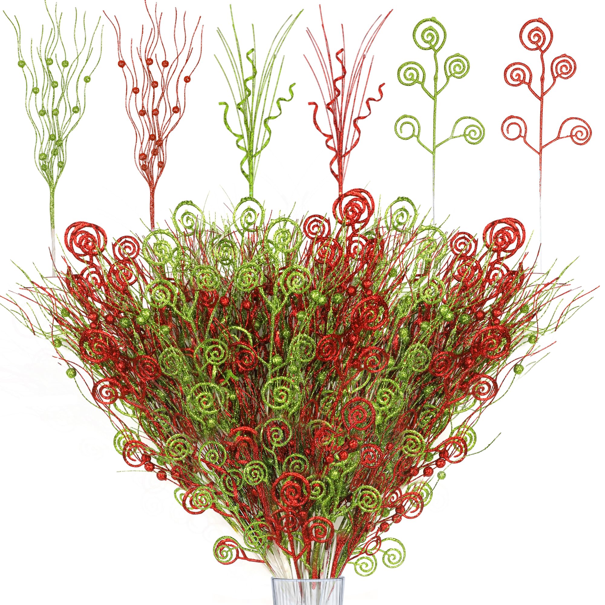 Tifeson Decoraciones de Navidad, color rojo y verde con purpurina artificial, tallos de bayas rizadas, rellenos de jarrones
