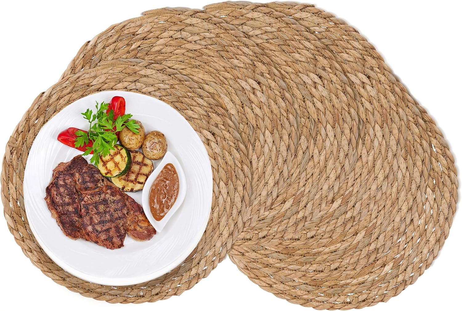 GENMOUS Woven Placemats Set of 10, 13.5" Round Placemats Natural Water Hyacinth Boho Placemat,Farmhouse Rattan Chargers for Dinner Plates,Rustic Braided Wicker Table Mats for Dining Table,Home,Wedding