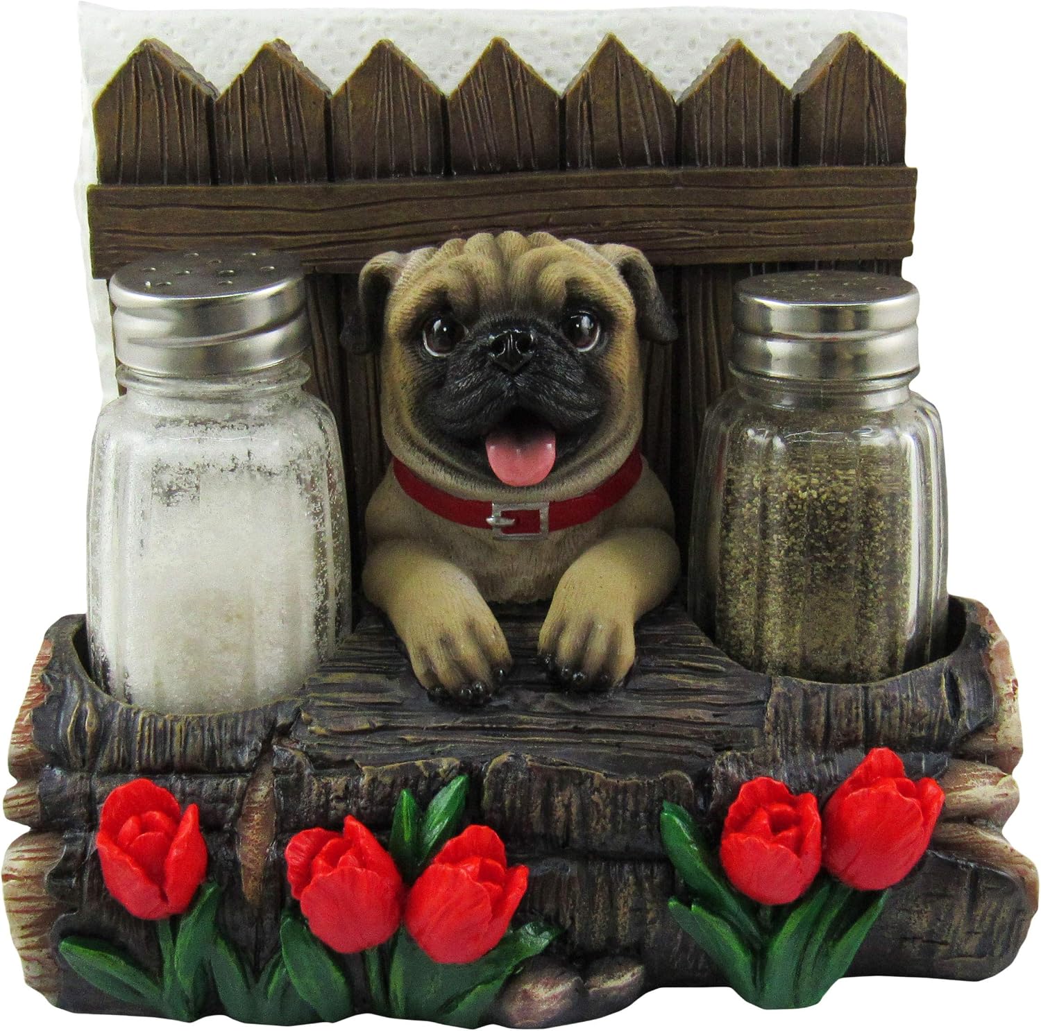 DWK - Pugsley's Feast - Adorable Pug with Red Tulips Napkin Salt & Pepper Shaker Holder Puppy Dog Home Décor Kitchen Accessory Dining Accent 3-Piece Set, 6-inch'