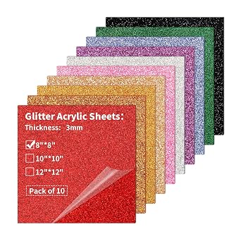 Glitter Acrylic Sheets 8 x 8 inch 1/8" Thick - 10 Pack Cast Plexiglass Acrylic Blanks for Creative DIY Projects Laser Tags Cutting Engraving UV Printed Signs