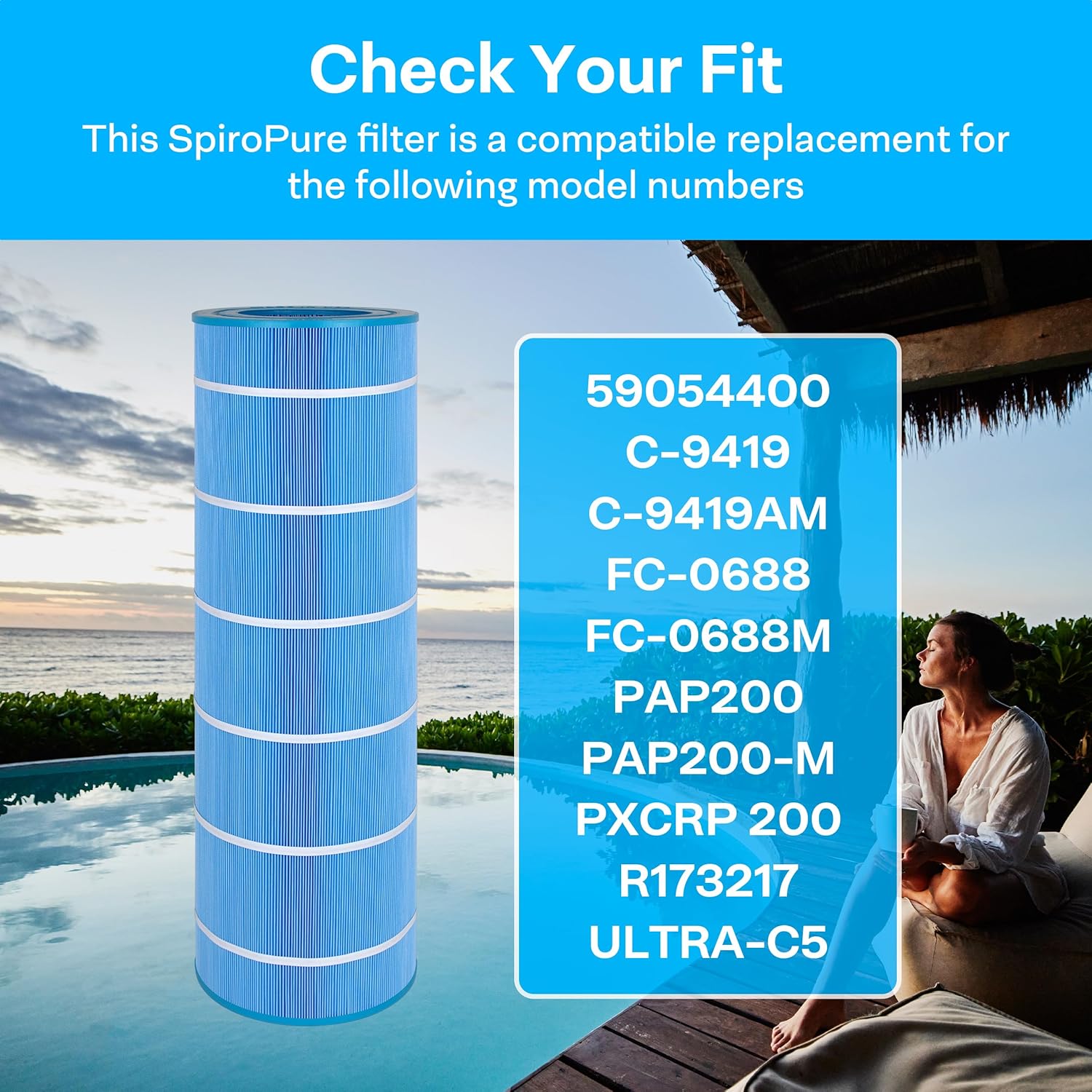 SpiroPure Replacement for Pentair R173217 Pleatco PAP200 Ultra-C5 PAP200-M Unicel C-9419 C-9419AM Filbur FC-0688 Sta-Rite PXCRP 200 Blue Media Hot Tub Spa Pool Cartridge
