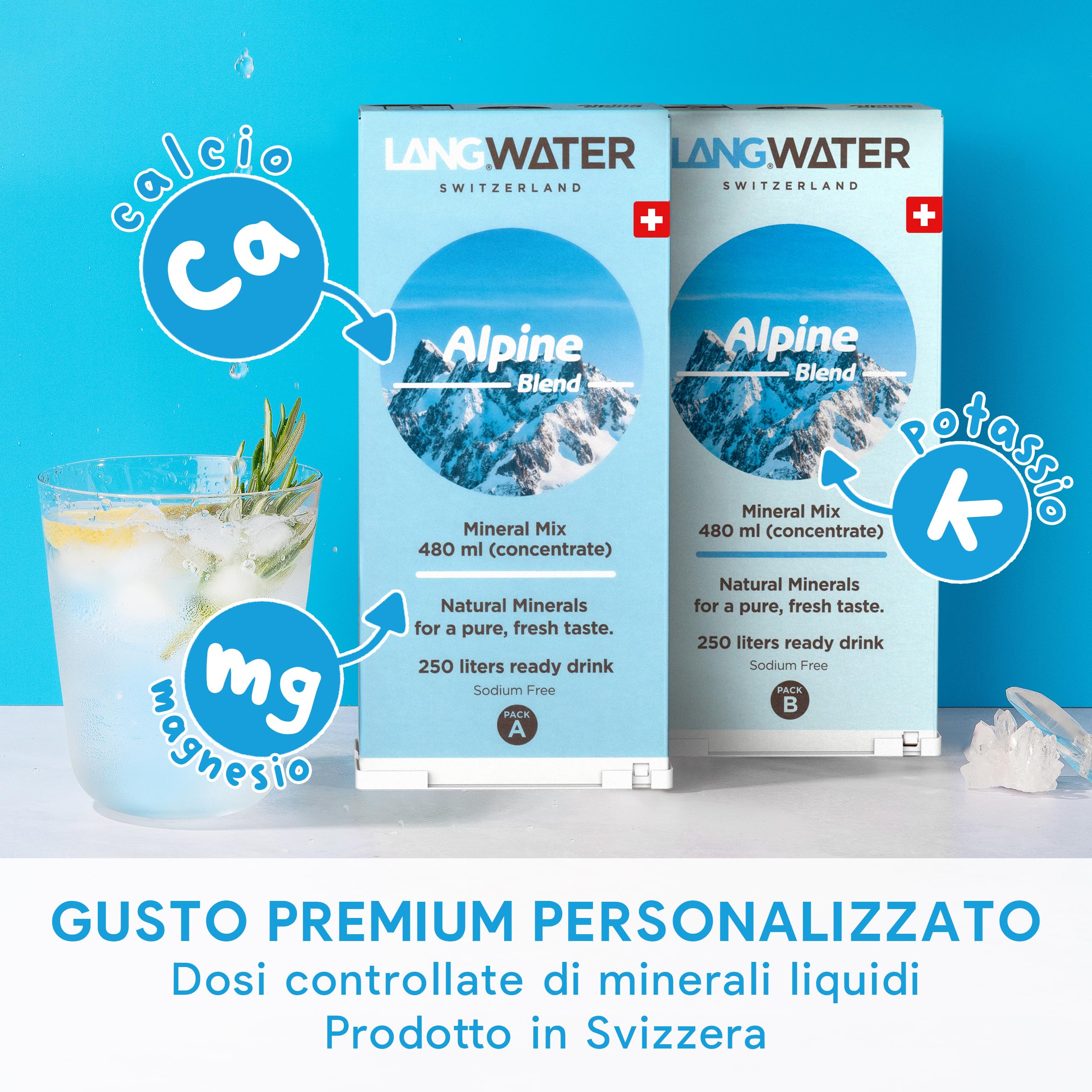 LANGWATER -Depuratore Acqua Domestico Portatile - Osmosi Inversa e Mineralizzazione - Senza Microplastiche - Senza Installazione - Erogatore di Acqua Calda - Con Filtri 2 packs Minerali, 1 Pesca