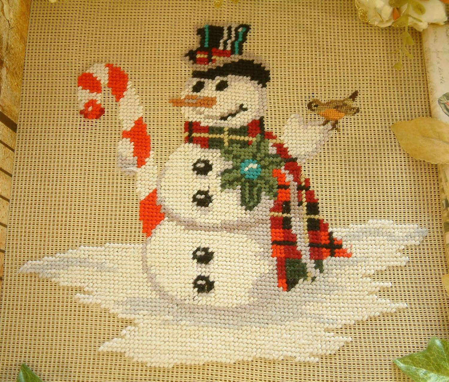 Needlepoint Canvas Preworked Christmas Theme Cane Lovely Snowman Cute Bird