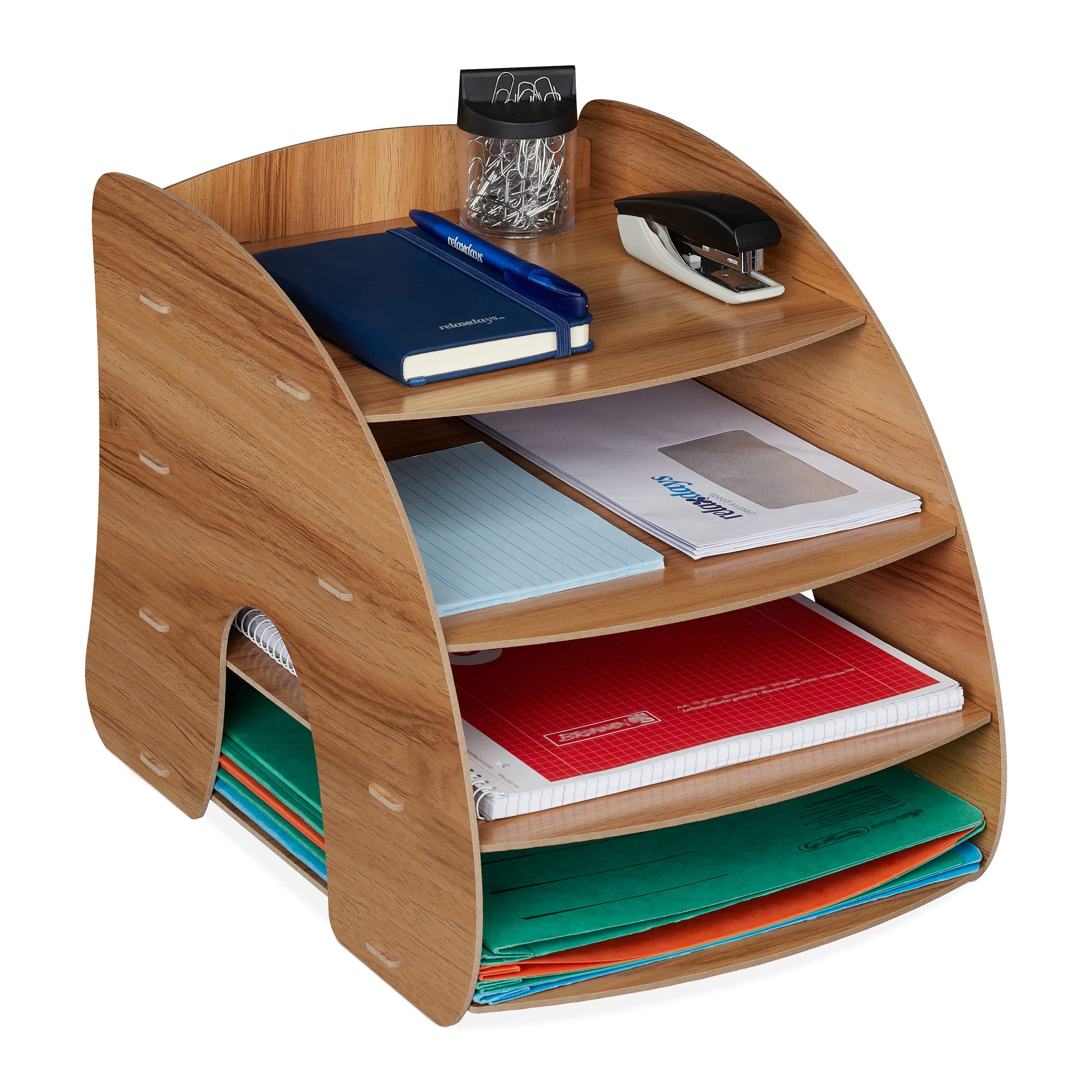 Relaxdays Filing Cabinet, 4 Compartments, Letter Tray, Office Document Organiser, A4 Format, 27 x 25.5 x 34.5 cm, Brown, Fibreboard