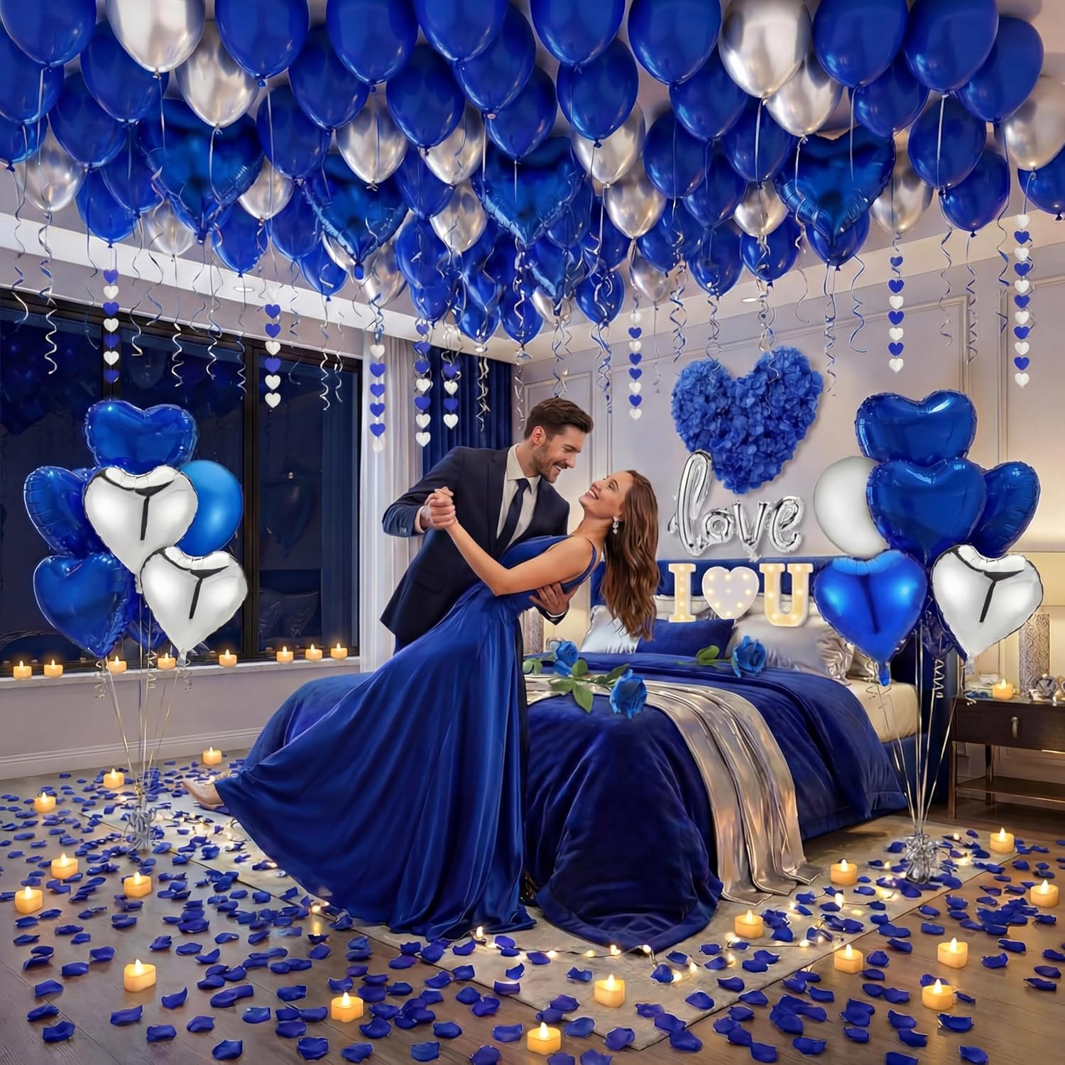 Realspring I Love You Decorations for Him Blue Silver Balloons Special Night Romantic Decor Blue Artificial Rose Petals with Heart Lights Kit for Anniversaries Proposals Valentine's Day