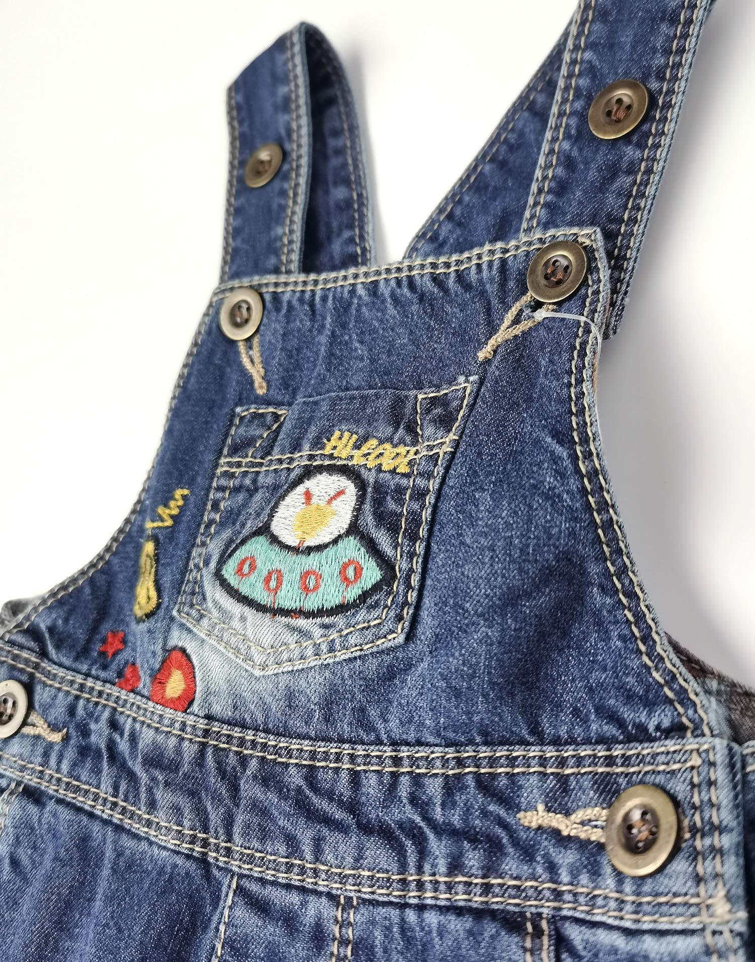 KIDSCOOL SPACE Salopette in denim di cotone lavato ricamato con fiori per bebè e bambine