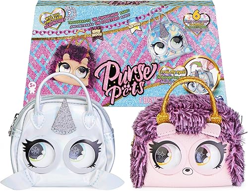 Purse Pets Micros, Edgy Hedgy Hedgehog y Narwow Narwhal elegante bolso pequeño paquete de 2 con función de rollo de ojos, juguetes para niños para