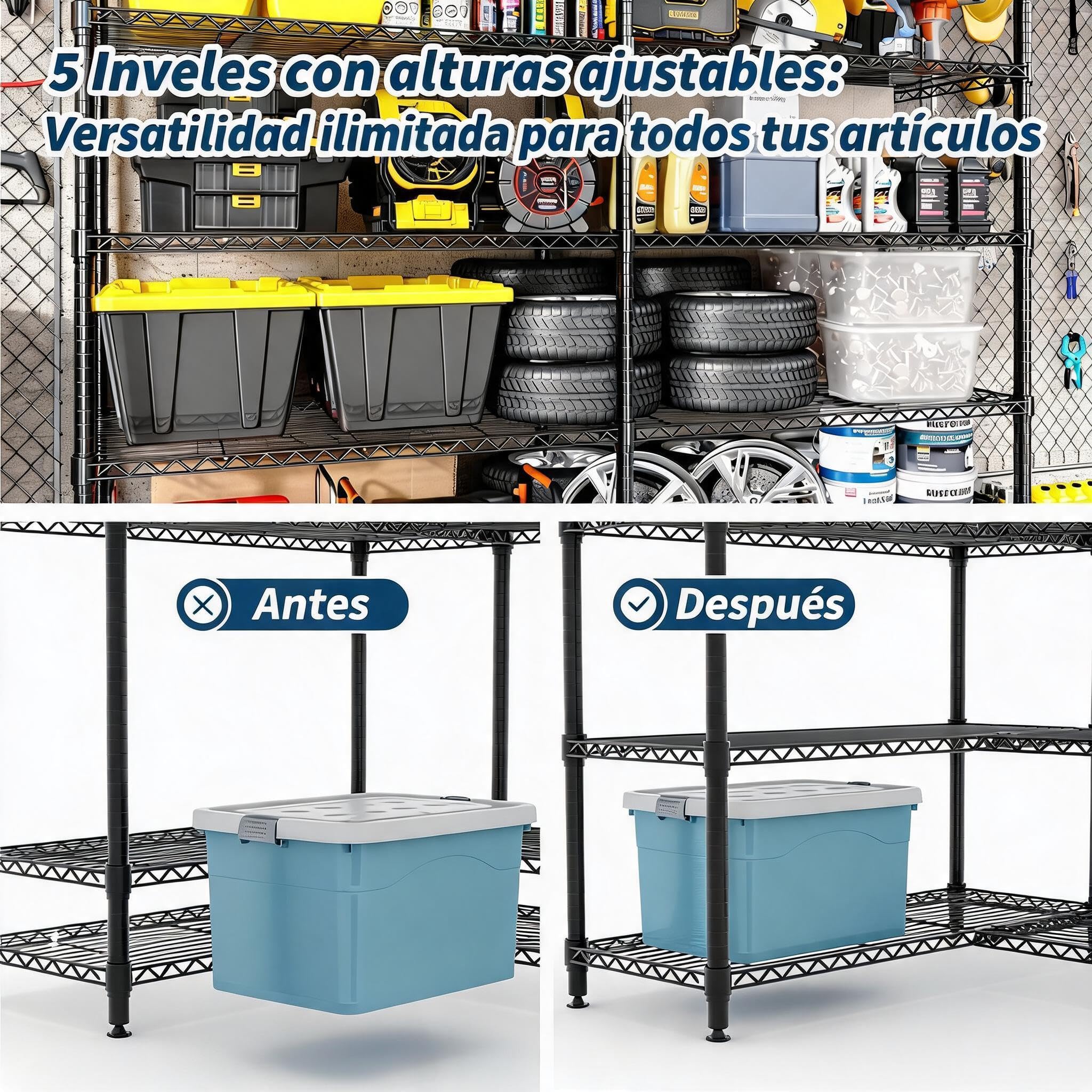 Garvee Estantería Metálica de 5 Niveles de Acero al Carbono, Doble Fila de 40 cm de Fondo, 180x40x180 cm, 100 kg por Nivel y 500 kg Totales, Altura Regulable para Cocina Garaje y Despensa, Negro