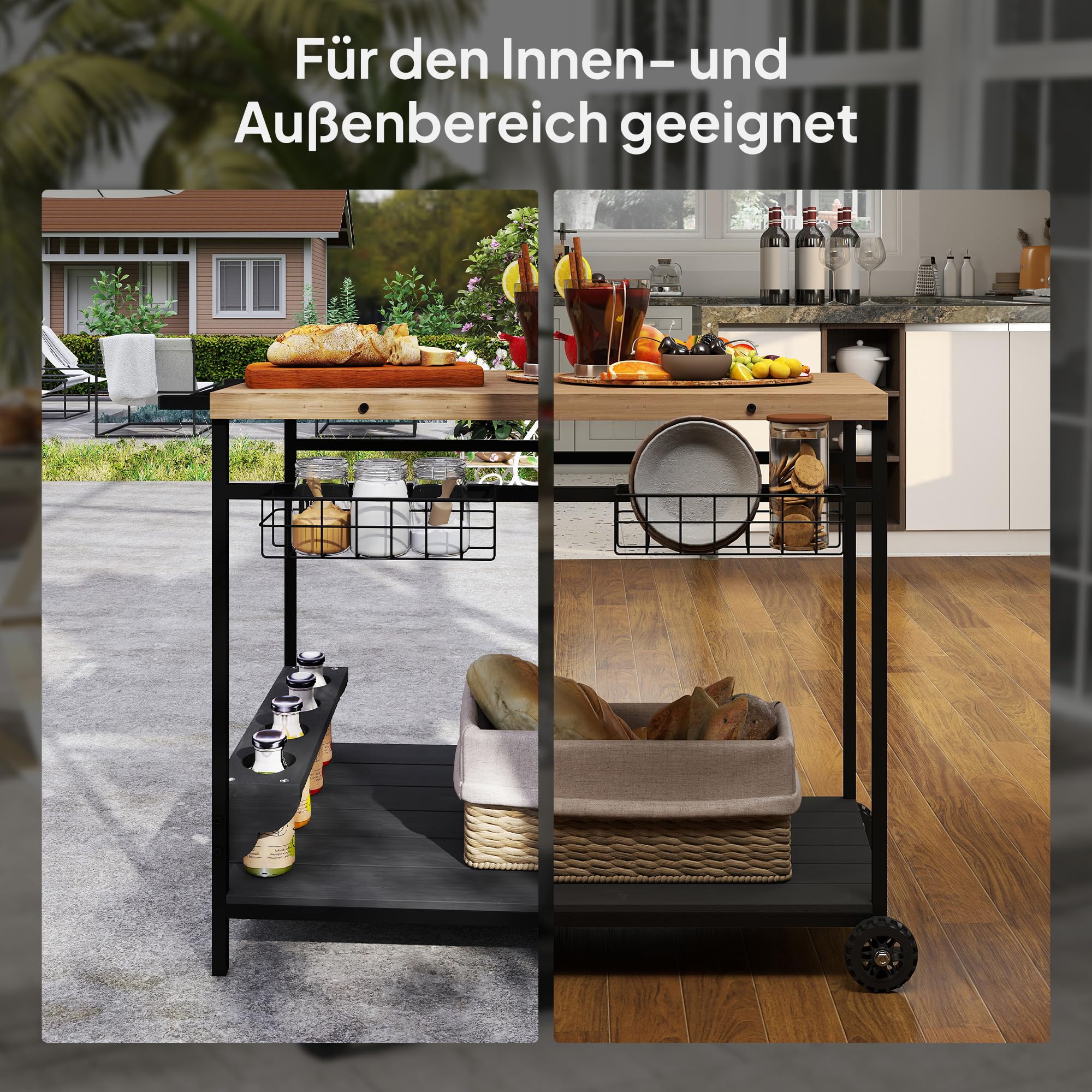 Outsunny Servierwagen Gartenrollwagen 2 Ebenen Barbecue Trolley Aufbewahrungskorb Outdoor Küchenwagen Griff Becherhalter Tanne Natur 97,5 x 65 x 81 cm