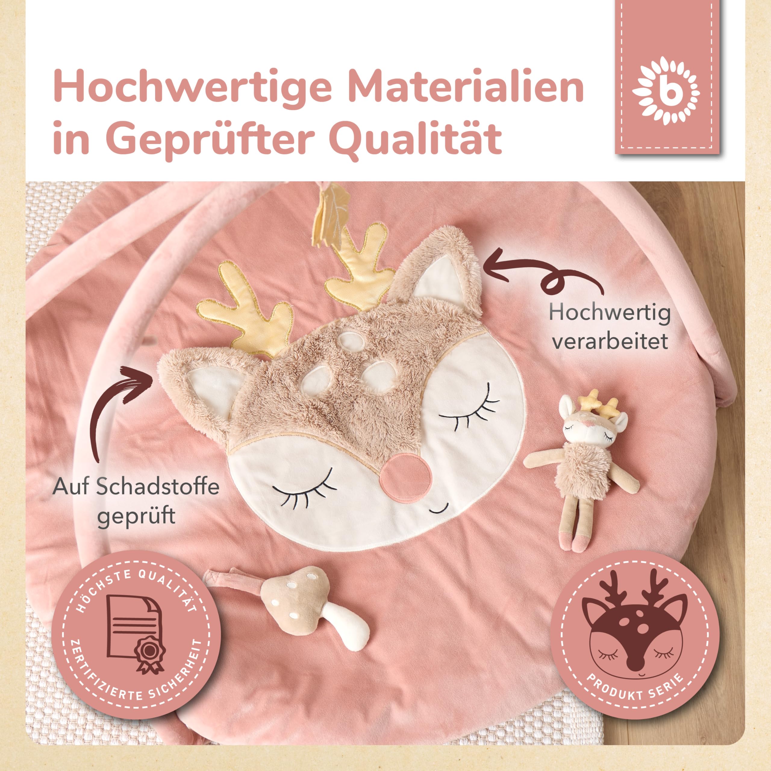 Bieco Spieldecke mit Activitybogen Reh Ella | Babydecke Reh Ella | Baby Krabbeldecke mit Spielebogen | Babies Activity Decke Boden Baby Gym Spielmatte