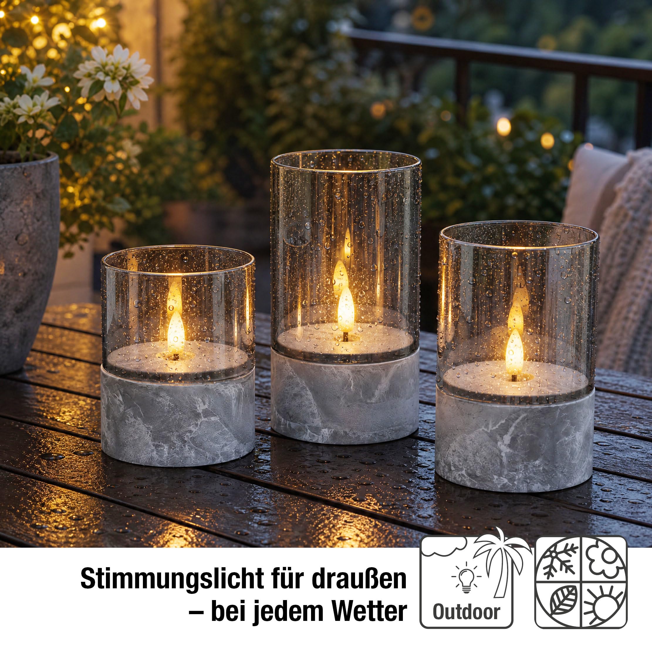hellum LED Kerzen mit Timerfunktion, 3er Set LED Stumpenkerzen Outdoor, flackernde Flamme, Grau Ø 8 cm, Höhen 10/12,5/15 cm, 6h-Timer, batteriebetrieben (6x AA, nicht inkl.) 151992