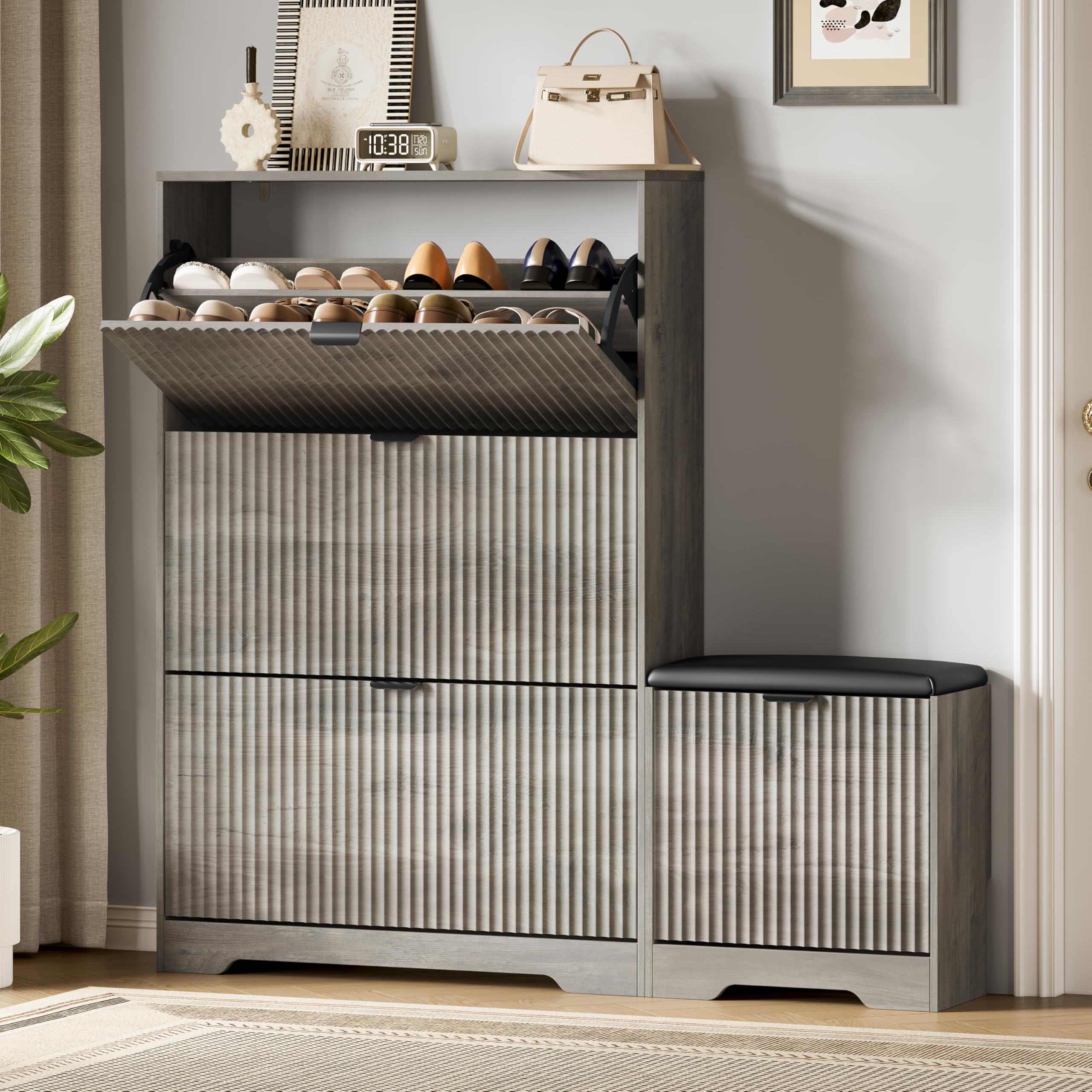 Xixini Shoe Storage Cabinet for Entryway with 3 Flip Drawers &amp; Bench, Slim Wood Shoe Organizer with Modern Fluted Panel, Freestanding Narrow Shoe Rack for Front Door Entrance, Hallway, Foyer, Grey